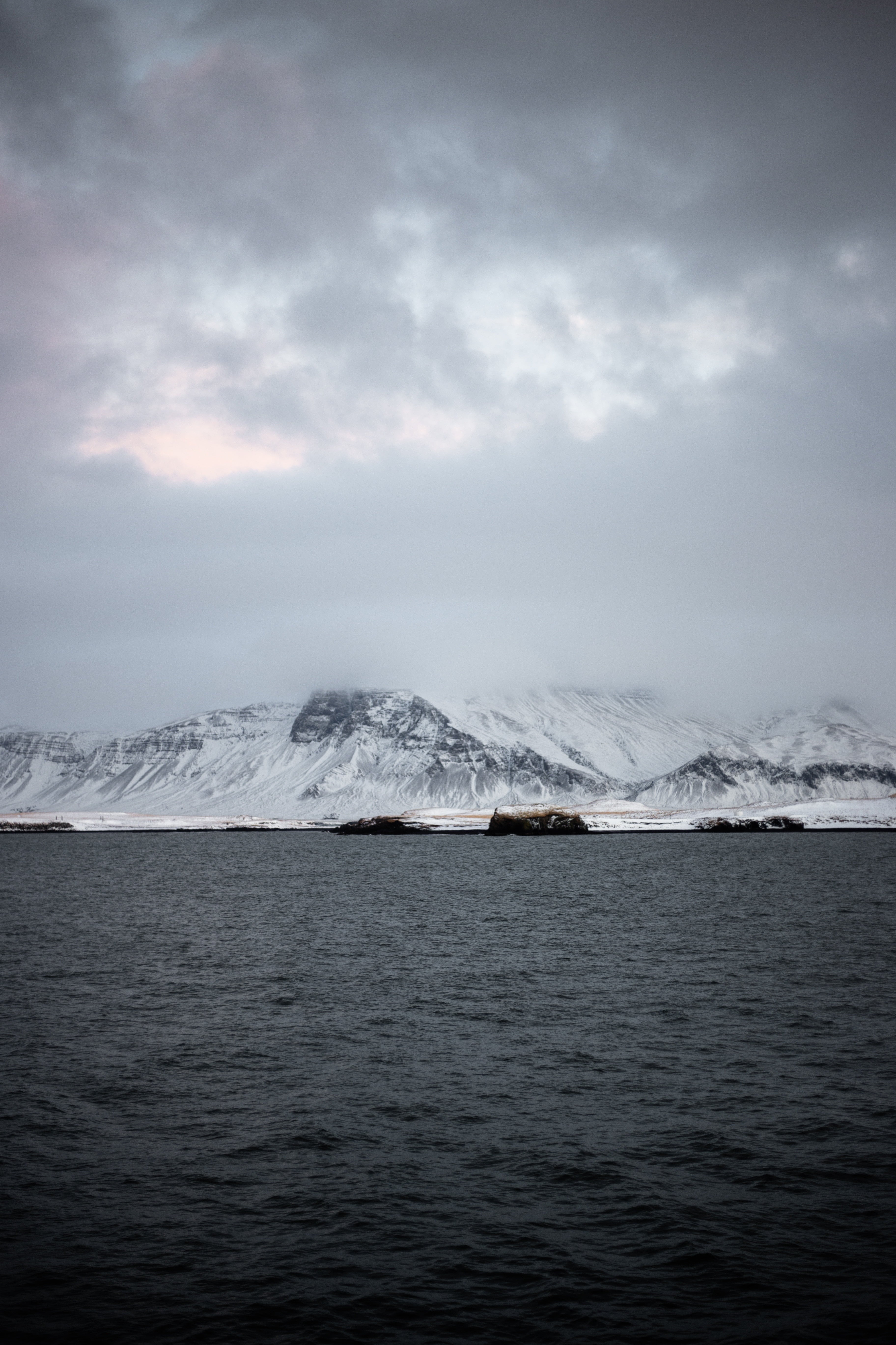 winter, beauty in nature, snowcapped mountain, horizon, cold temperature, landscape, overcast, fog, ice, reykjavik, mountains, iceland, water, sky, environment, Phone HD Wallpaper