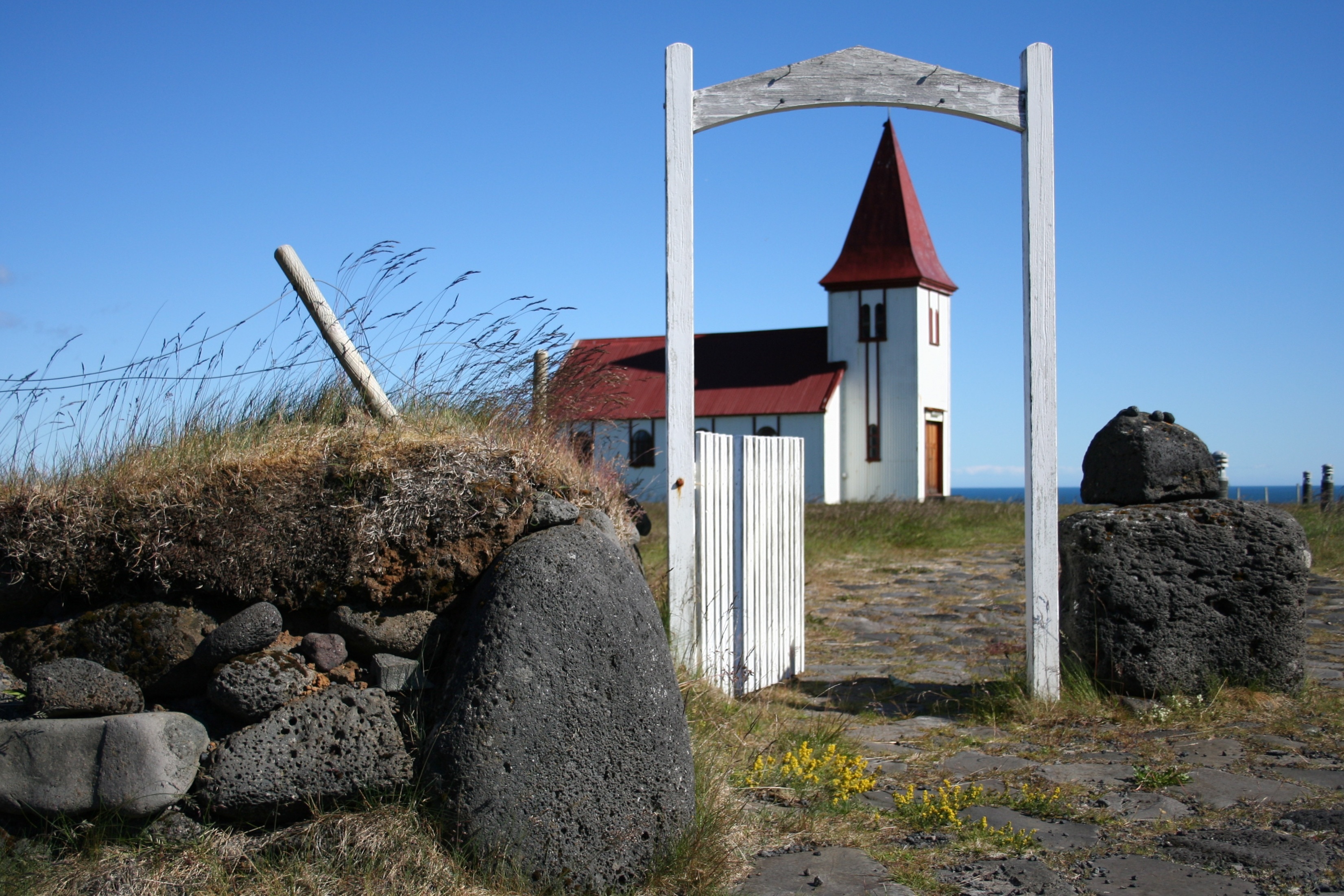 day, old, architecture, building, no people, summer, solid, grass, field, blue, rock - object, clear sky, land, church, rock, igneous, iceland, sky, 2K, HD Wallpaper