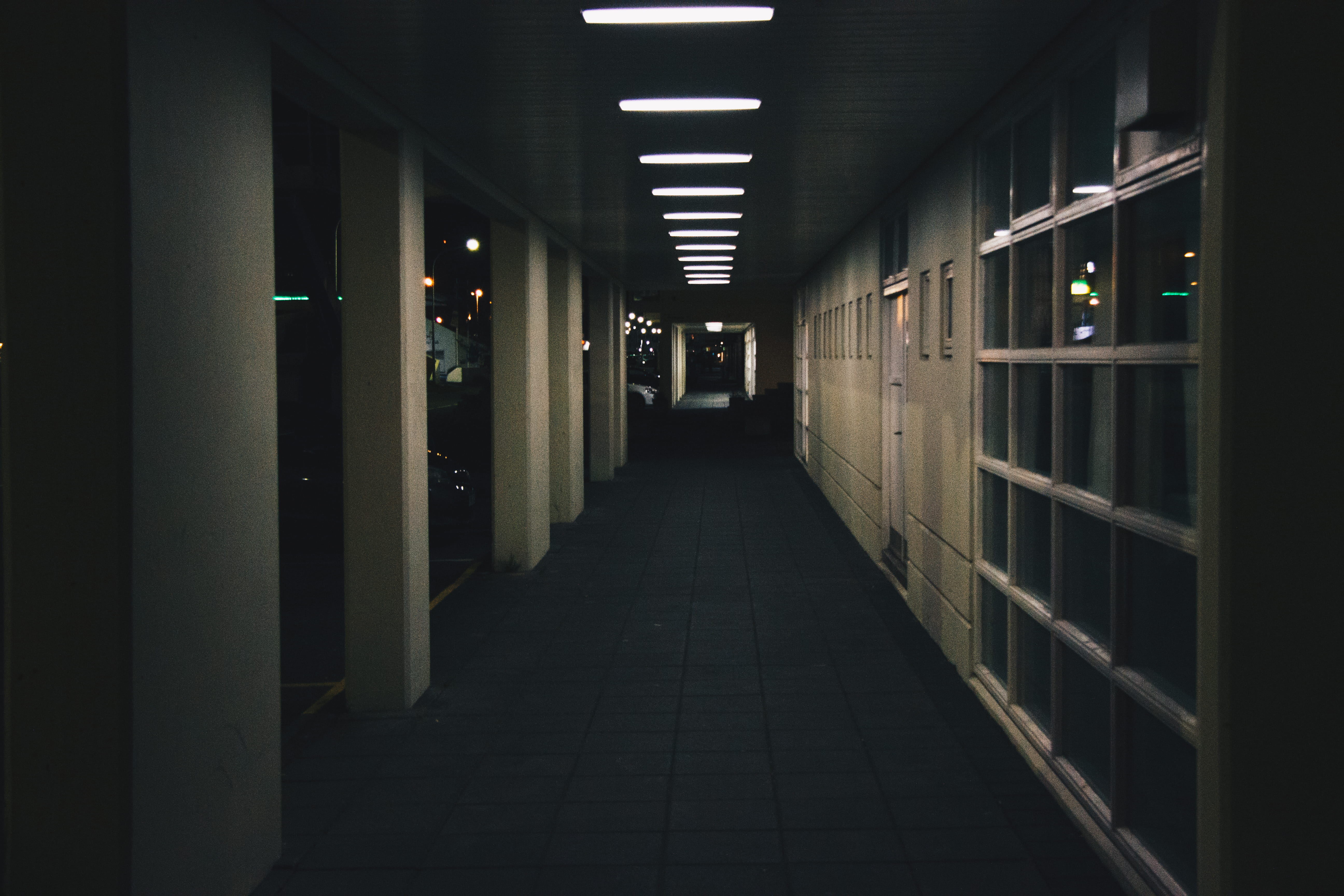 absence, building, street, 5K, empty, door, direction, entrance, flooring, light, ceiling, in a row, corridor, indoors, night, reykjavík, electric lamp, HD Wallpaper