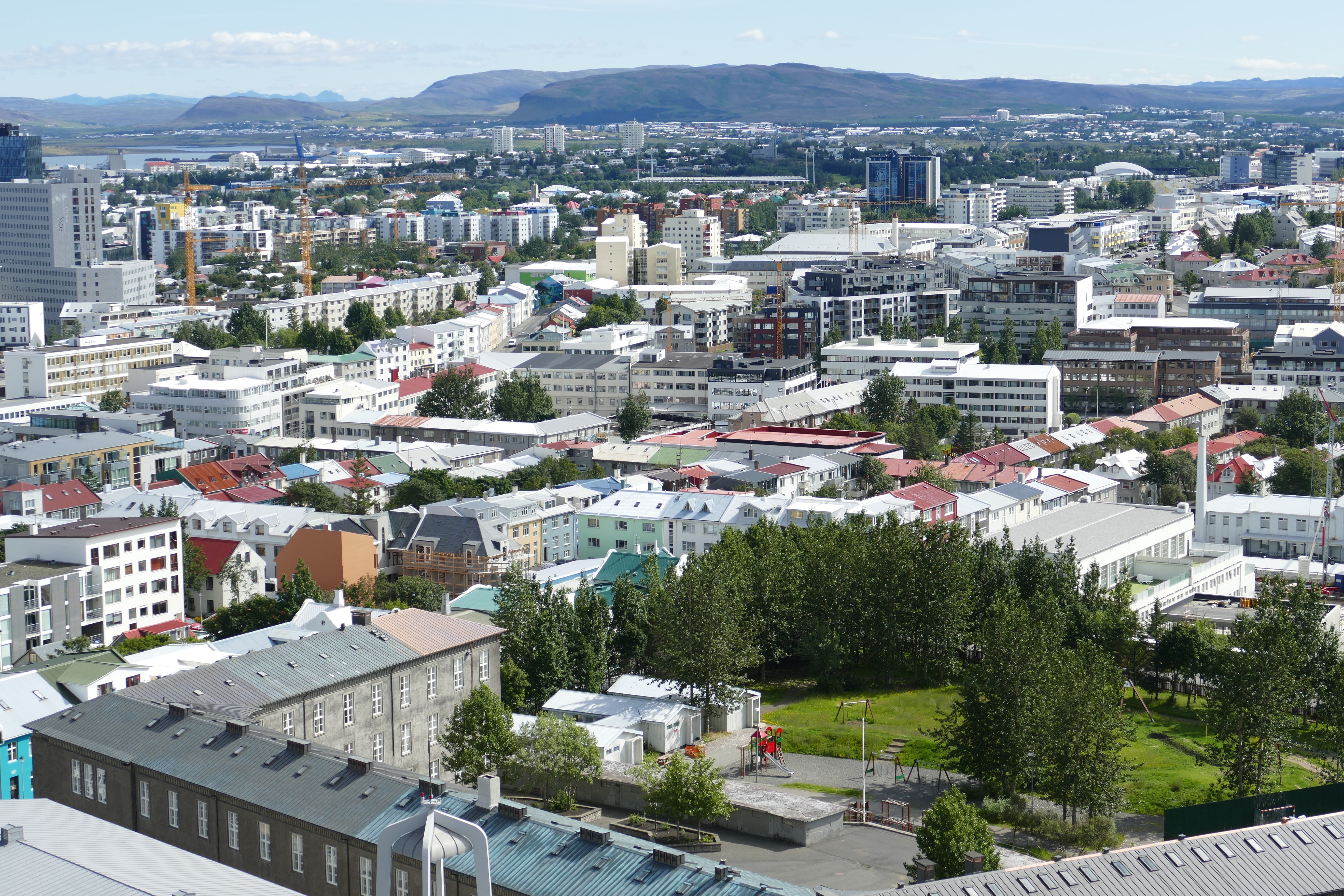 crowd, mountain, panorama, day, outlook, townscape, tree, building, crowded, residential district, 5K, capital, hallgrímskirkja, view, high angle view, HD Wallpaper