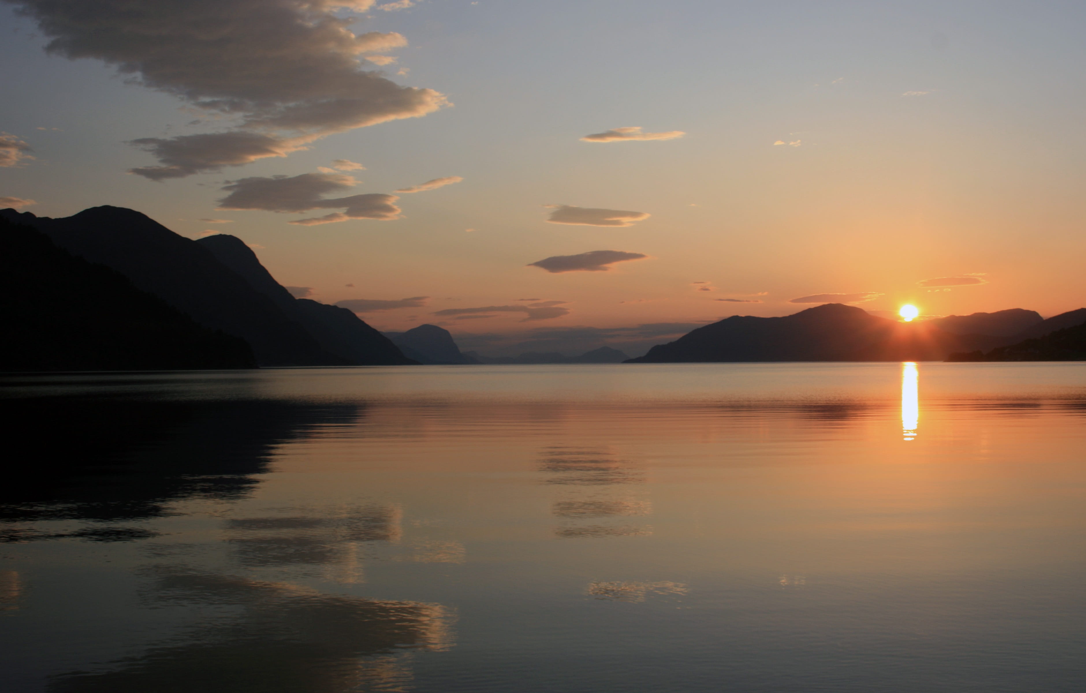waterfront, tranquil scene, cloud - sky, nature, romantic sky, norway, sunset, scenics - nature, orange color, 2K, water, outdoors, fjord, sky, sun, picturesque, HD Wallpaper