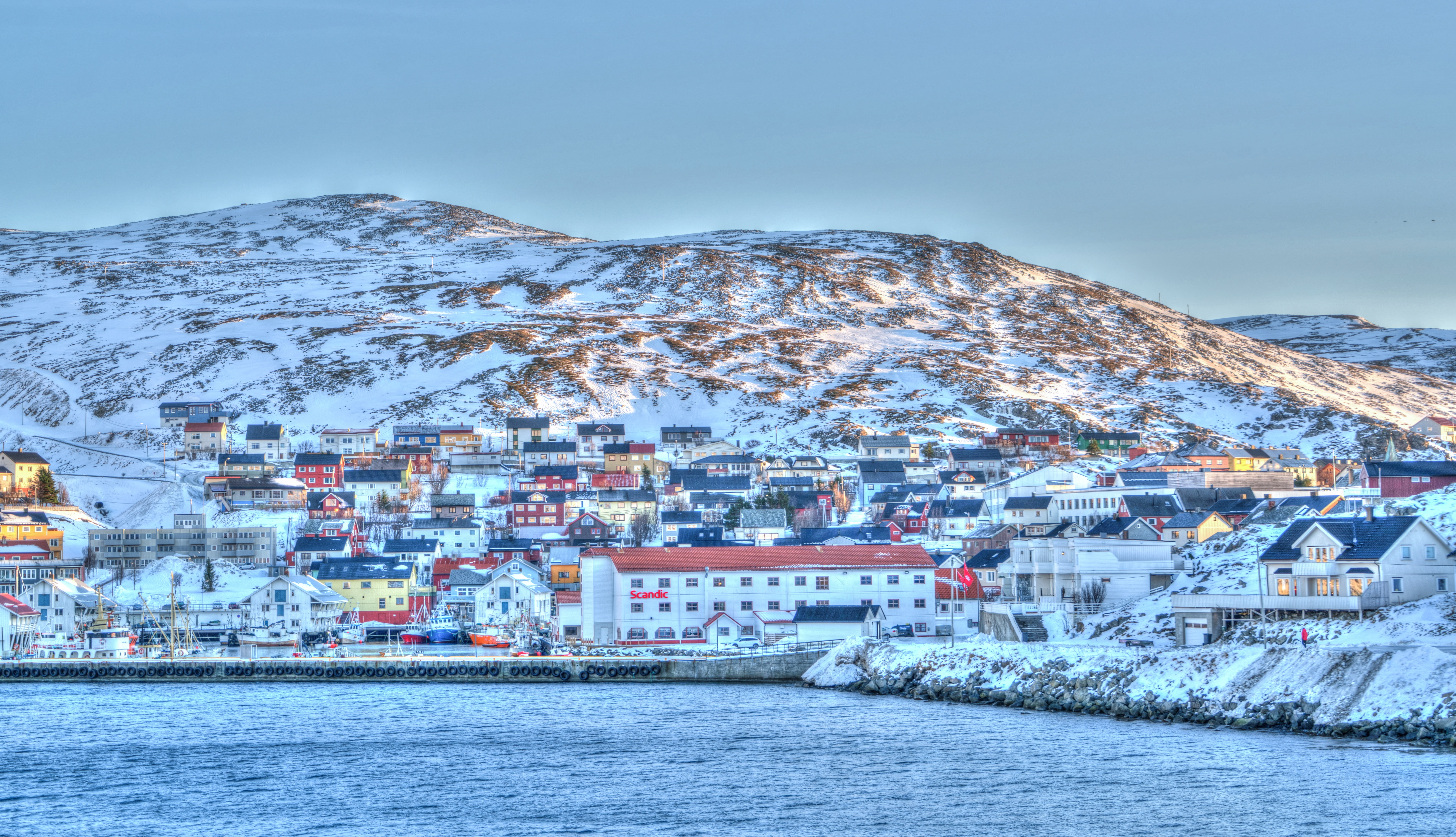 coastline, iceland, norway, europe, village, waterfront, cityscape, building, island, residential district, winter, blue, water, greece, buildings, hill, HD Wallpaper