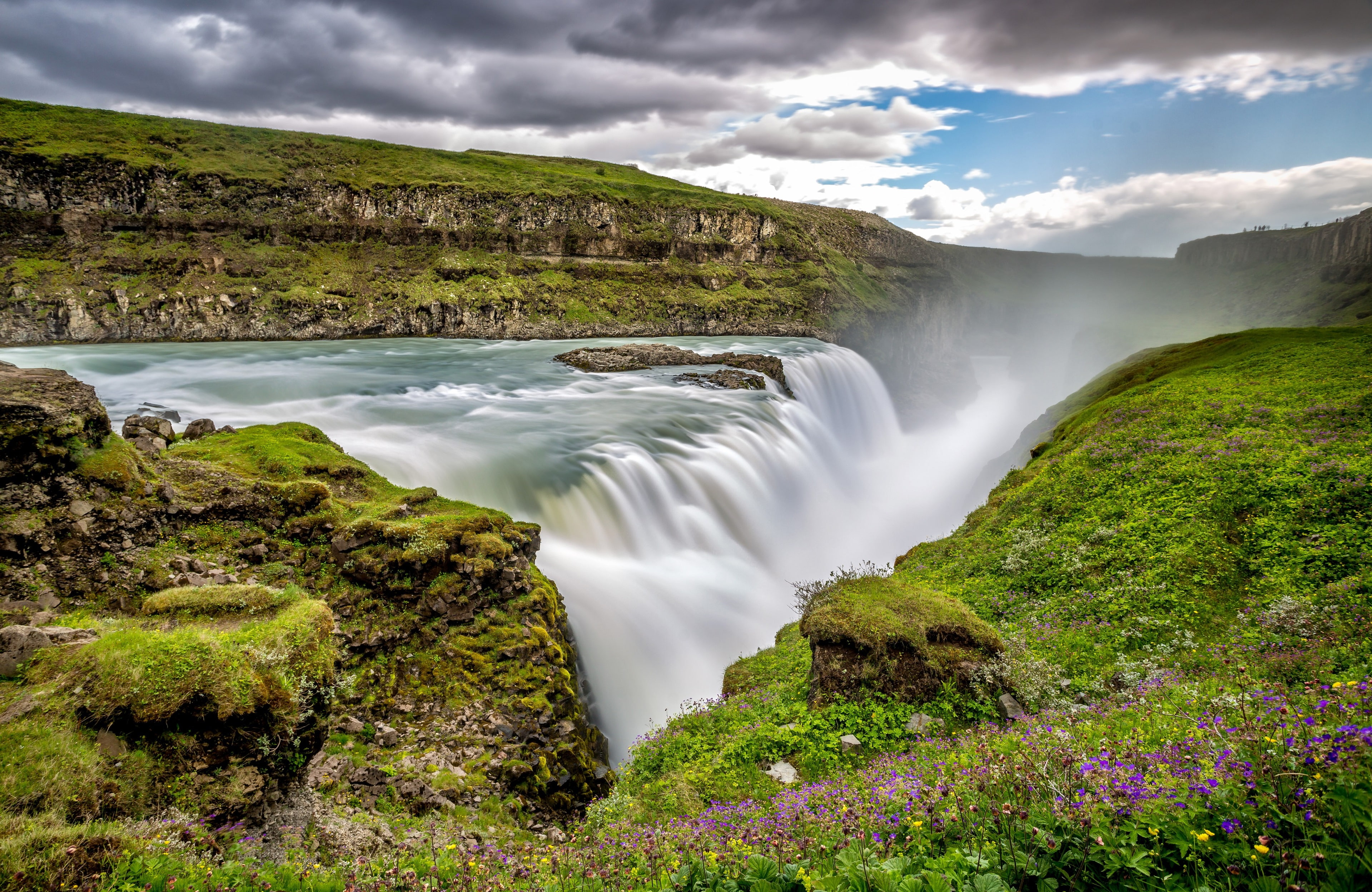 non-urban scene, stream - flowing water, motion, rock, flowing, 4K, waterfall, nature, sky, scenics - nature, gullfoss 4k best hd, no people, flowing water, HD Wallpaper