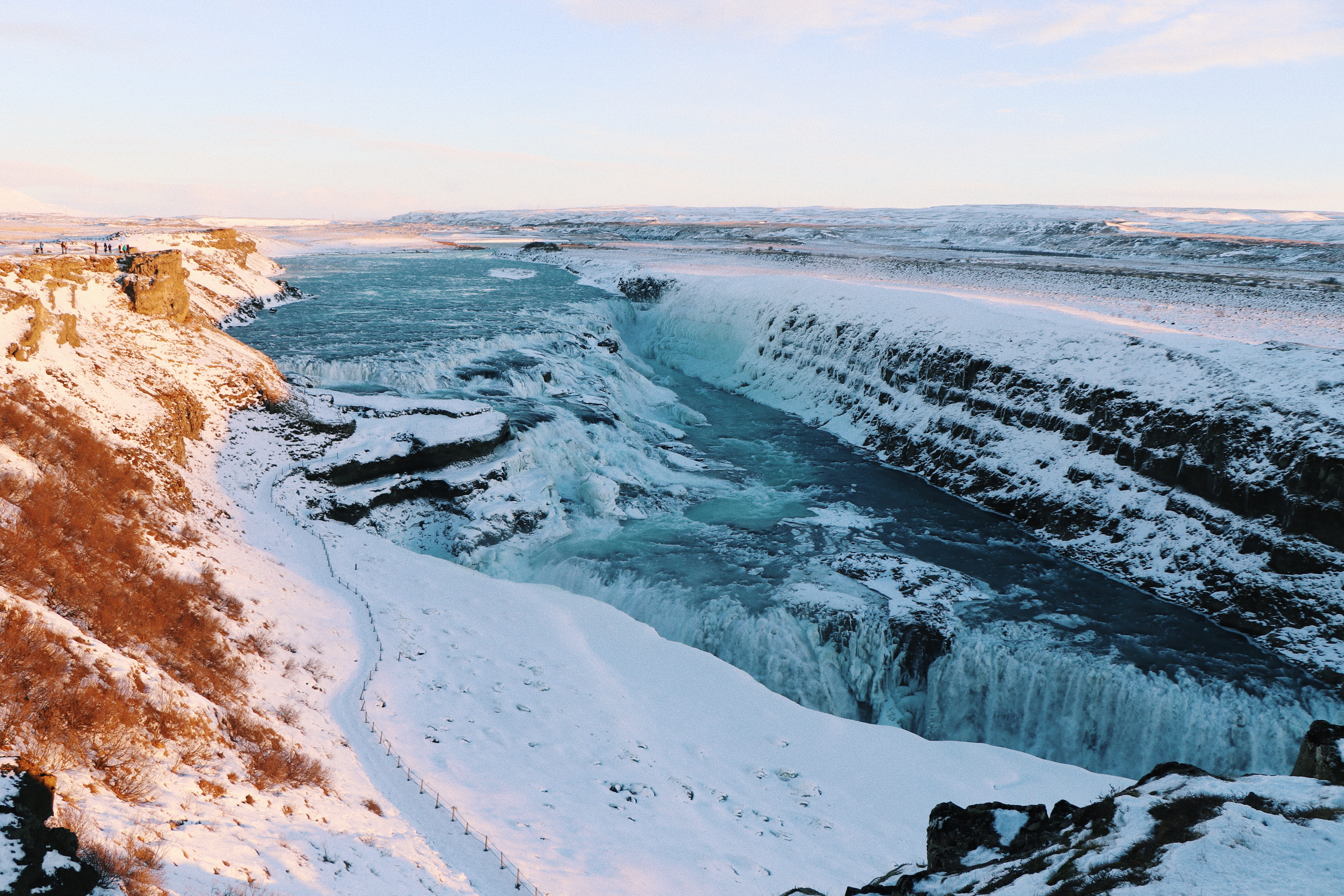 sunset, snow, water, tranquility, scenics - nature, beach, power in nature, outdoors, 5K, no people, gullfoss, land, beauty in nature, non-urban scene, HD Wallpaper