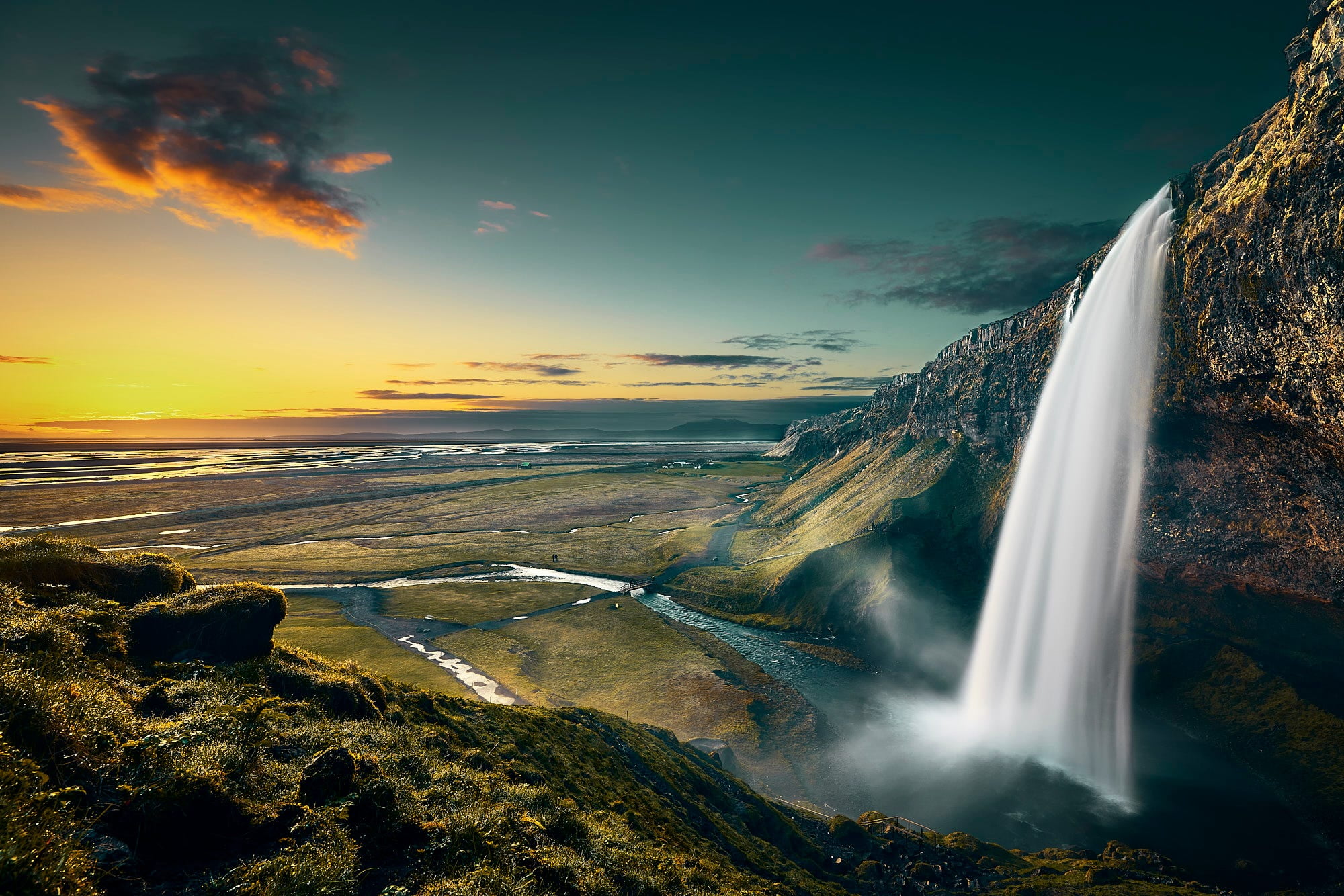 Iceland, rock, water, sunset, horizon, sea, 1080P, flowing water, power in nature, no people, environment, flowing, sky, nature, long exposure, solid, HD Wallpaper