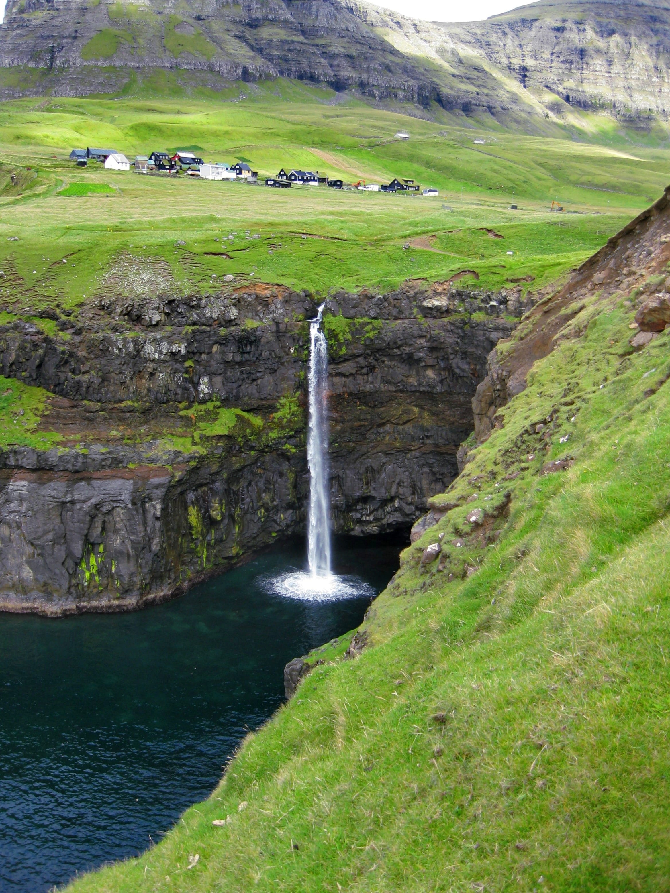 environment, mulafossur, grass, scenics - nature, nature, 2K, vagar, vágar, land, gásadalur, outdoors, tranquility, faroe islands, landscape, faroese settlement, Phone HD Wallpaper