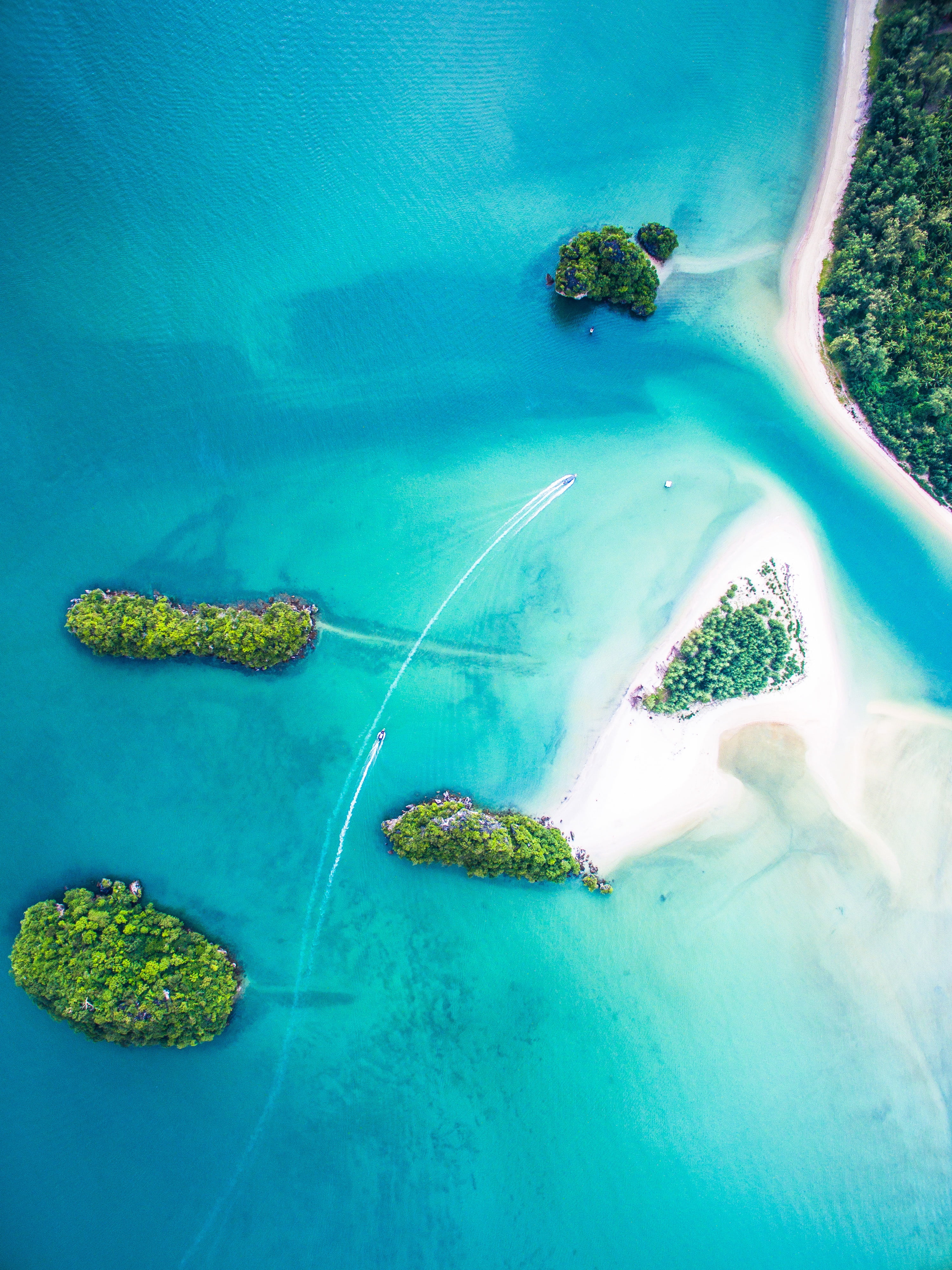 aerial, beauty in nature, turquoise colored, sea, reef, lagoon, island, islands, view, undersea, water, animals in the wild, land, no people, trees, coral, Phone HD Wallpaper