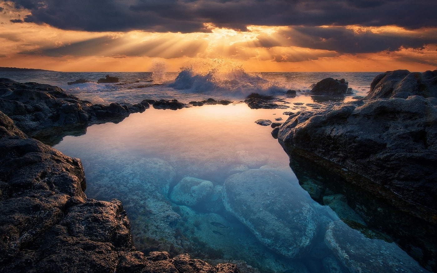 land, remote, rock - object, beauty in nature, tranquil scene, landscape, Coast, power in nature, nature, water, 720P, sunset, sea, idyllic, Kauai, solid, HD Wallpaper