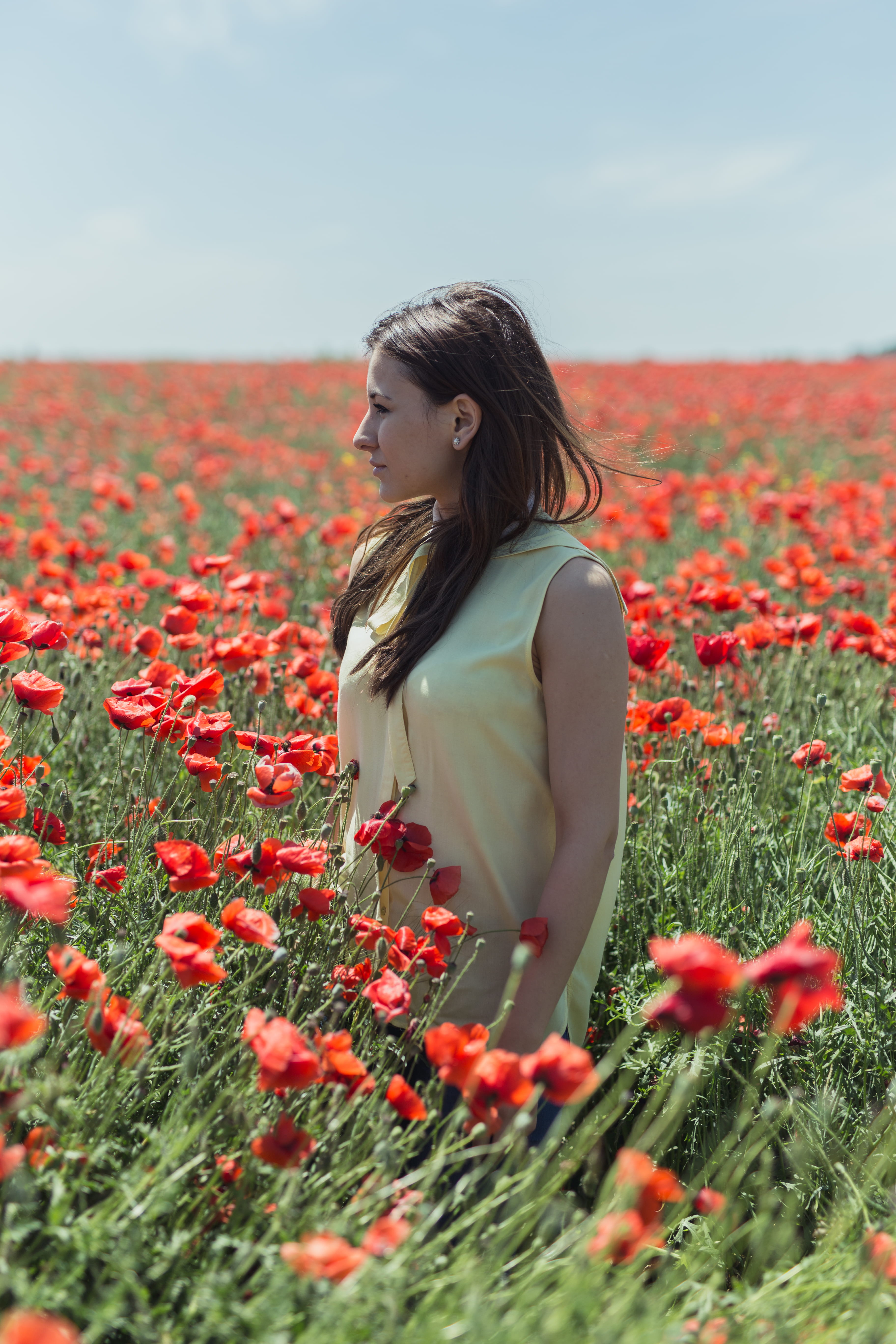 outdoors, hairstyle, poppy, contemplation, one person, field, yellow, nature, dress, flower head, beauty in nature, girl, women, ladnscape, flower, three quarter length, Phone HD Wallpaper
