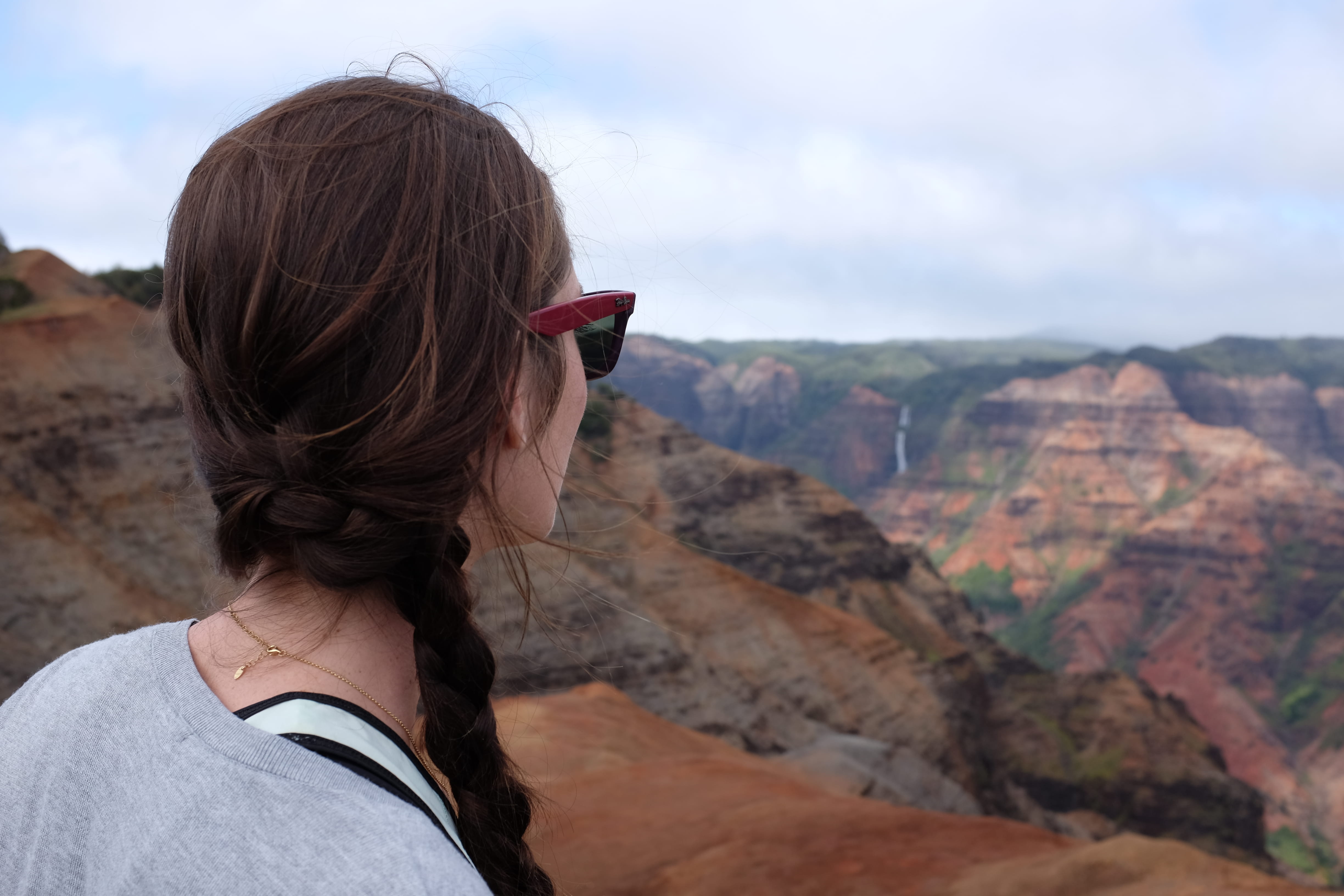 women, waimea road, hair, waimea, hairstyle, gaze, looking at view, outdoors, braid, mountain, 4K, canyon, rock, landscape, adult, sunglasses, united states, HD Wallpaper