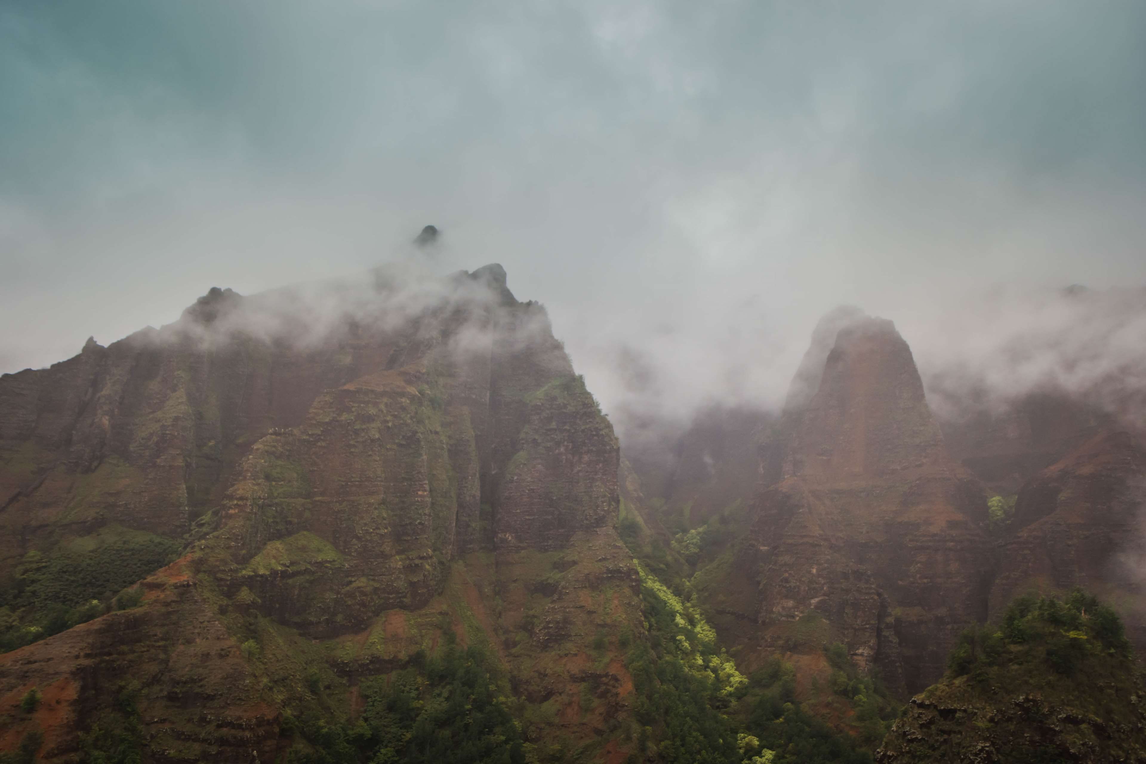 day, mountain, sky, kauai, landscape, tree, tranquil scene, tranquility, beauty in nature, environment, land, outdoors, fog, plant, hazy, 4K, hawaii, nature, HD Wallpaper
