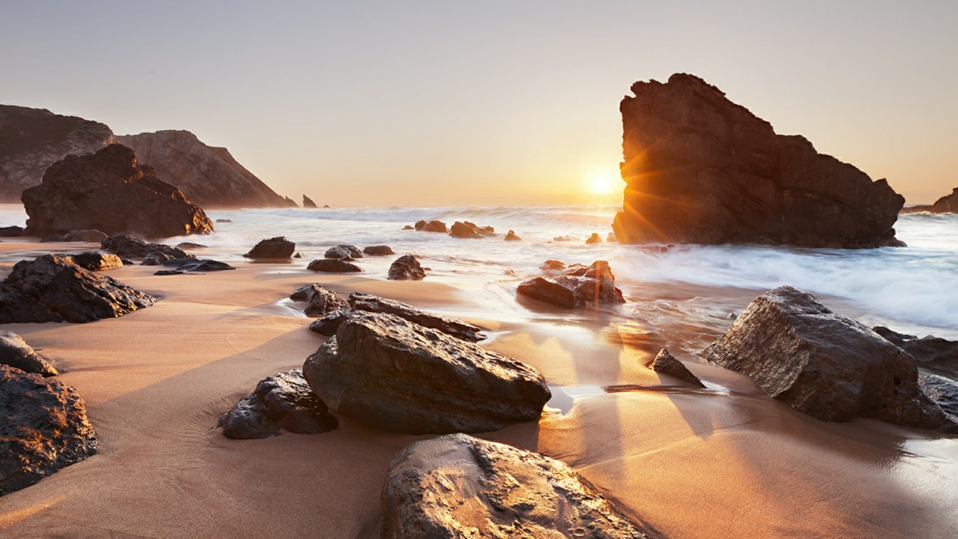 tranquil scene, morning, motion, rock, scenics - nature, ocean, no people, tranquility, sun, lens flare, stack rock, europe, portugal, wave, sand, sunset, HD Wallpaper