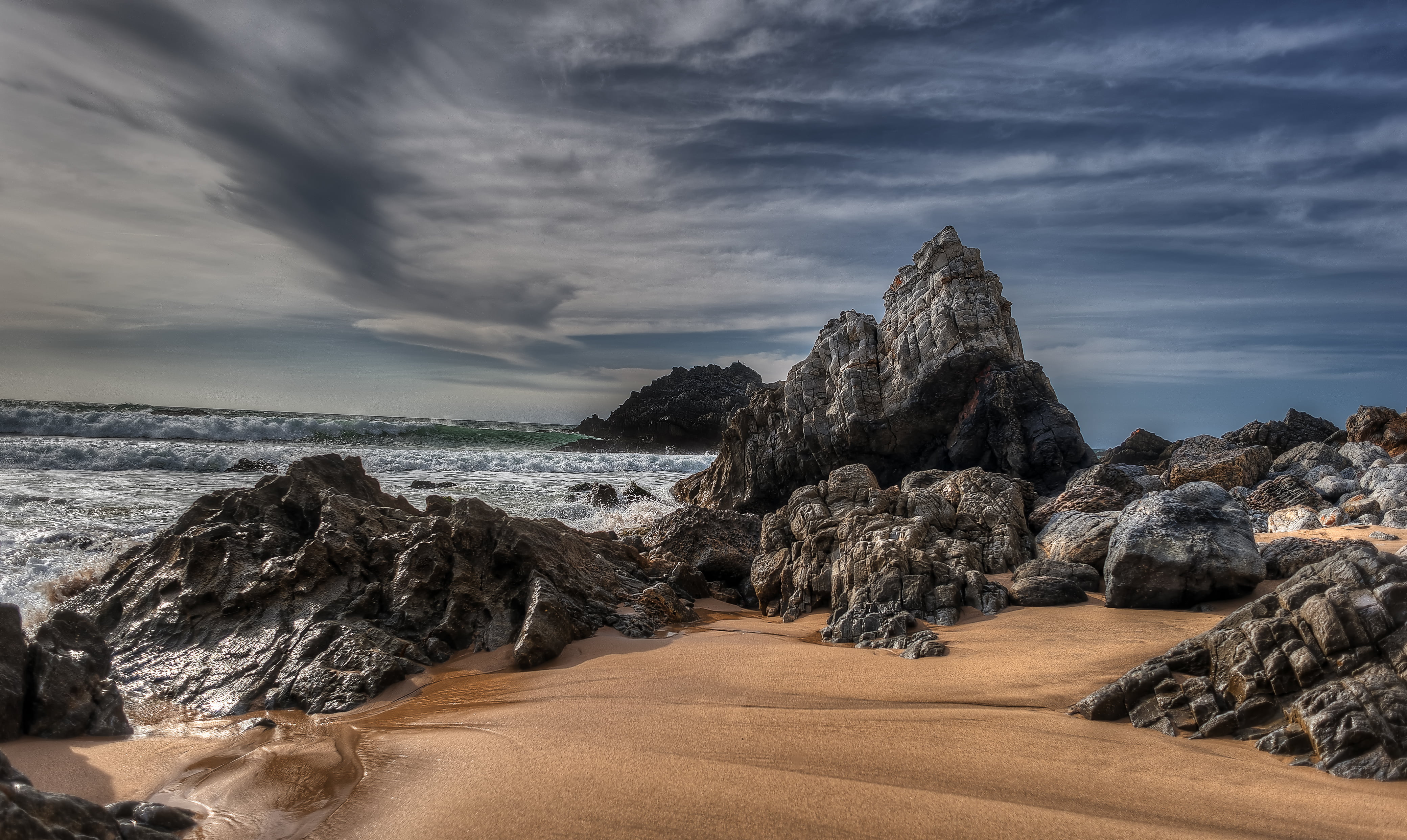 wave, Portugal, beside, Nikon D700, landscape, beach, coastline, stone, foam, rock - Object, body of water, top, waves, 4K, outdoors, sea, scenics, Coast, HD Wallpaper
