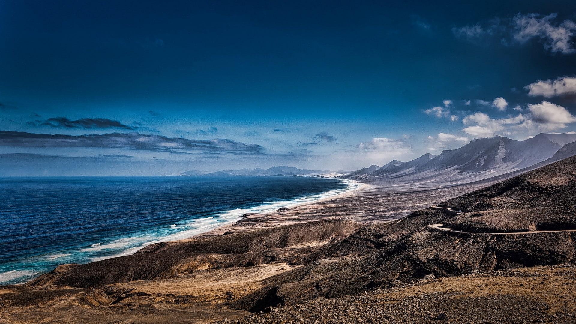 1080P, mountains, sea, beach, nature, clouds, Spain, dirt road, landscape, Canary Islands, HD Wallpaper