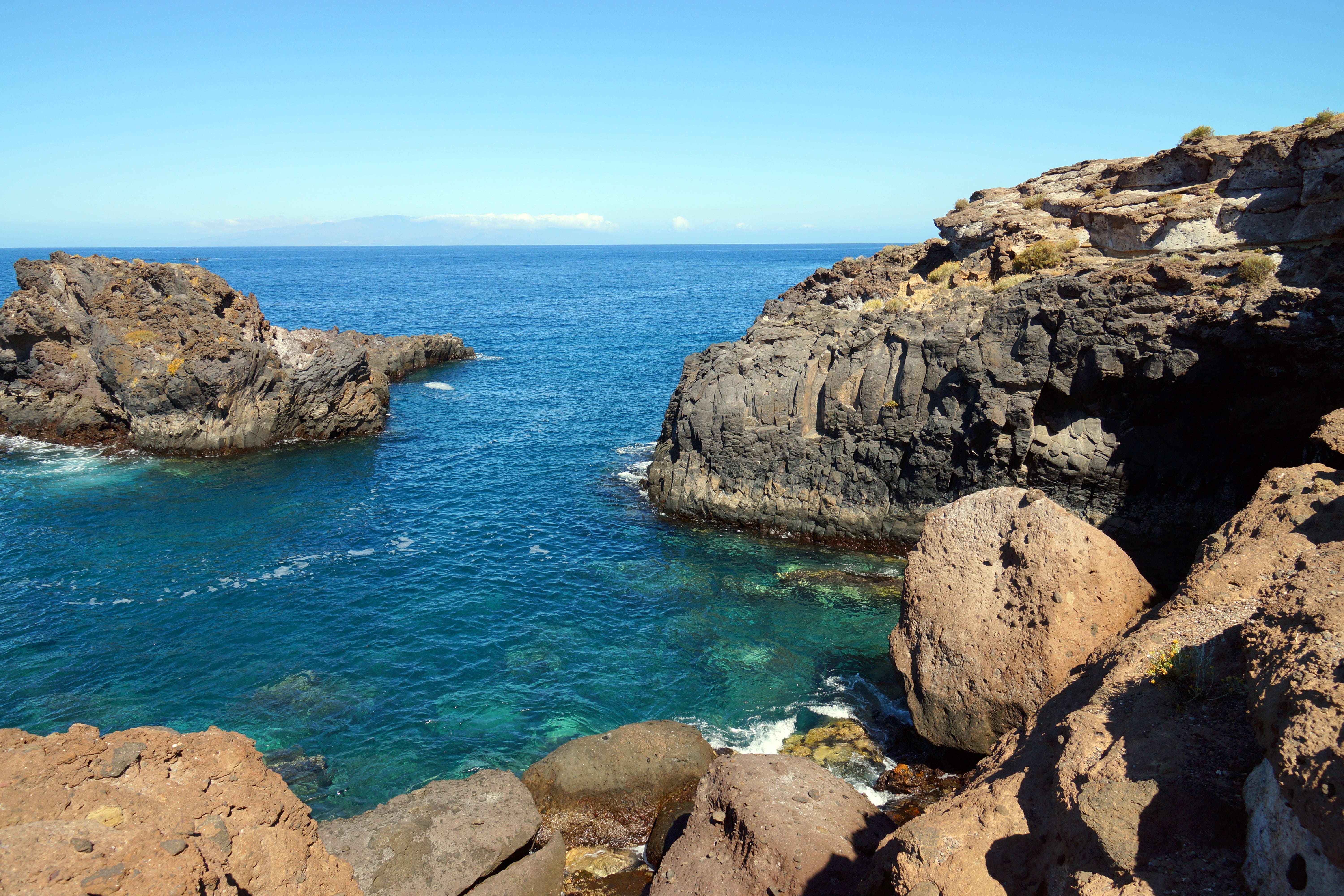 rock formation, booked, land, coast, tenerife, rock - object, idyllic, horizon over water, 5K, blue, beach, solid, horizon, formation, tranquility, sea, HD Wallpaper