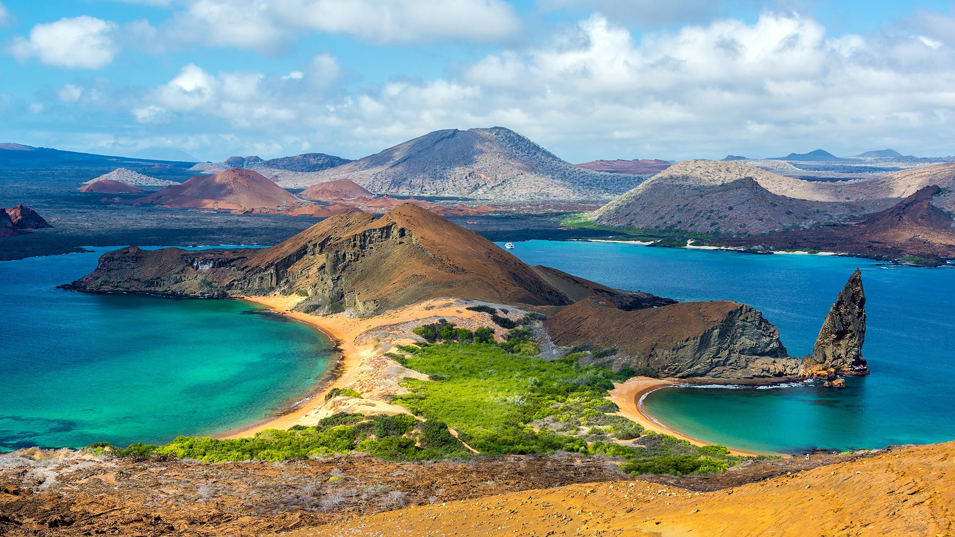 1080P, landscape, sky, islas galapagos, rocks, Ecuador, plants, lake, clouds, nature, far view, mountains, HD Wallpaper