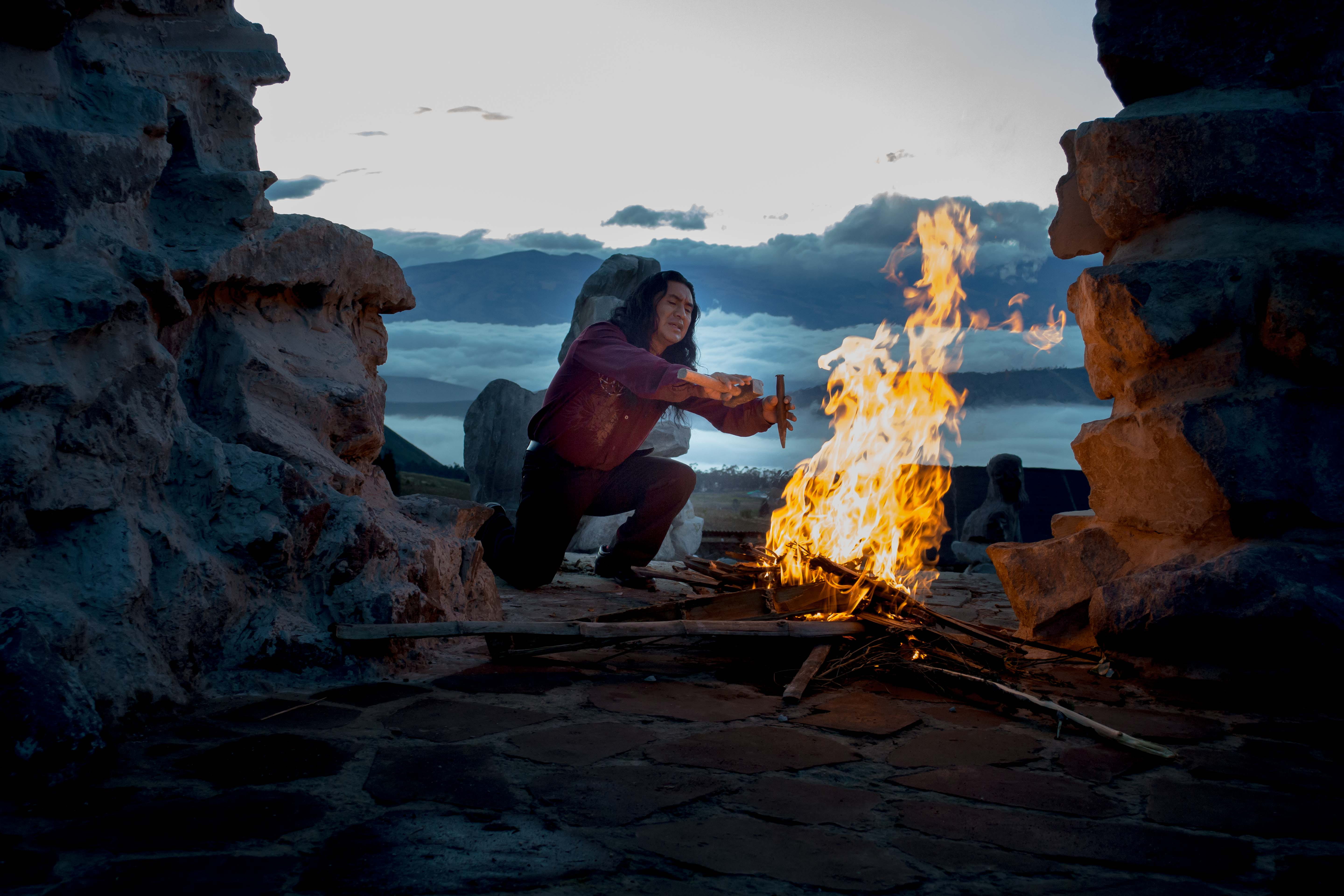 fire, cloud, flame, standing, bonfire, heat - temperature, campfire, pintura, museotemplodelsol, burning, kneeling, leisure activity, nature, outdoors, HD Wallpaper
