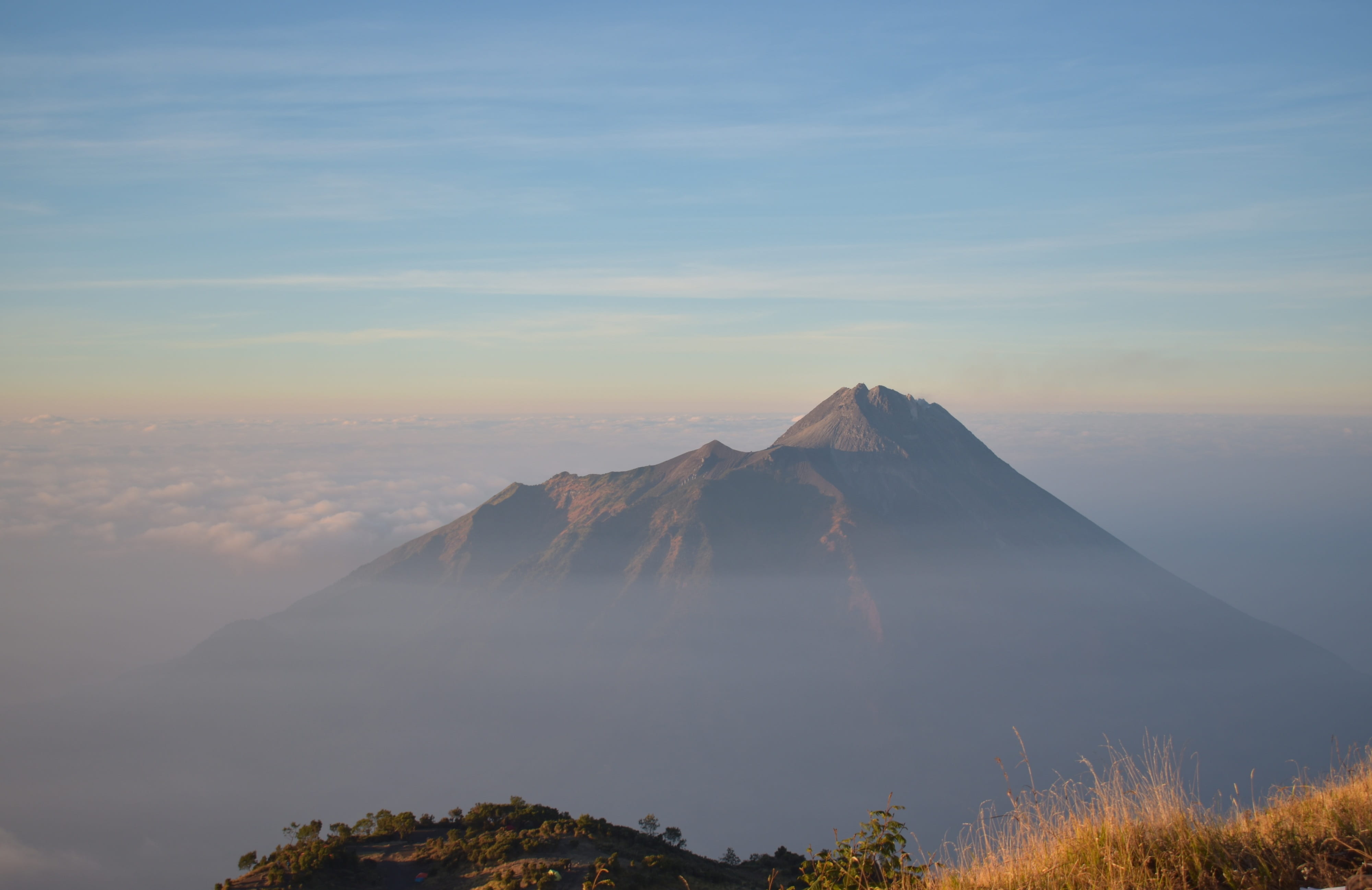 sky, indonesia, travel destinations, scenics - nature, landscape, beauty in nature, mountain peak, 4K, nature, volcano, tranquil scene, no people, travel, HD Wallpaper