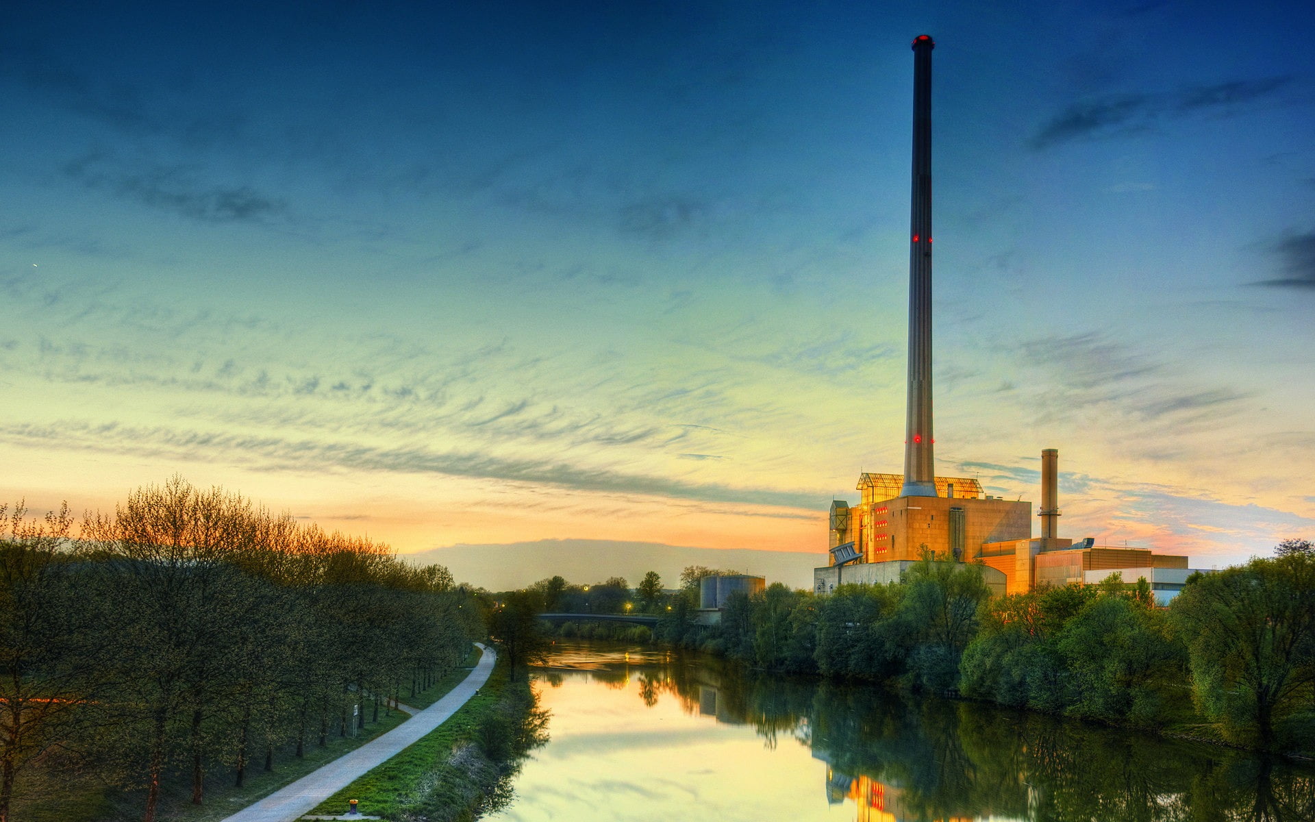 factory, orange color, Nature, outdoors, flanked, water, built structure, trees, tree, architecture, pollution, river, Scenery, reflection, transportation, HD Wallpaper