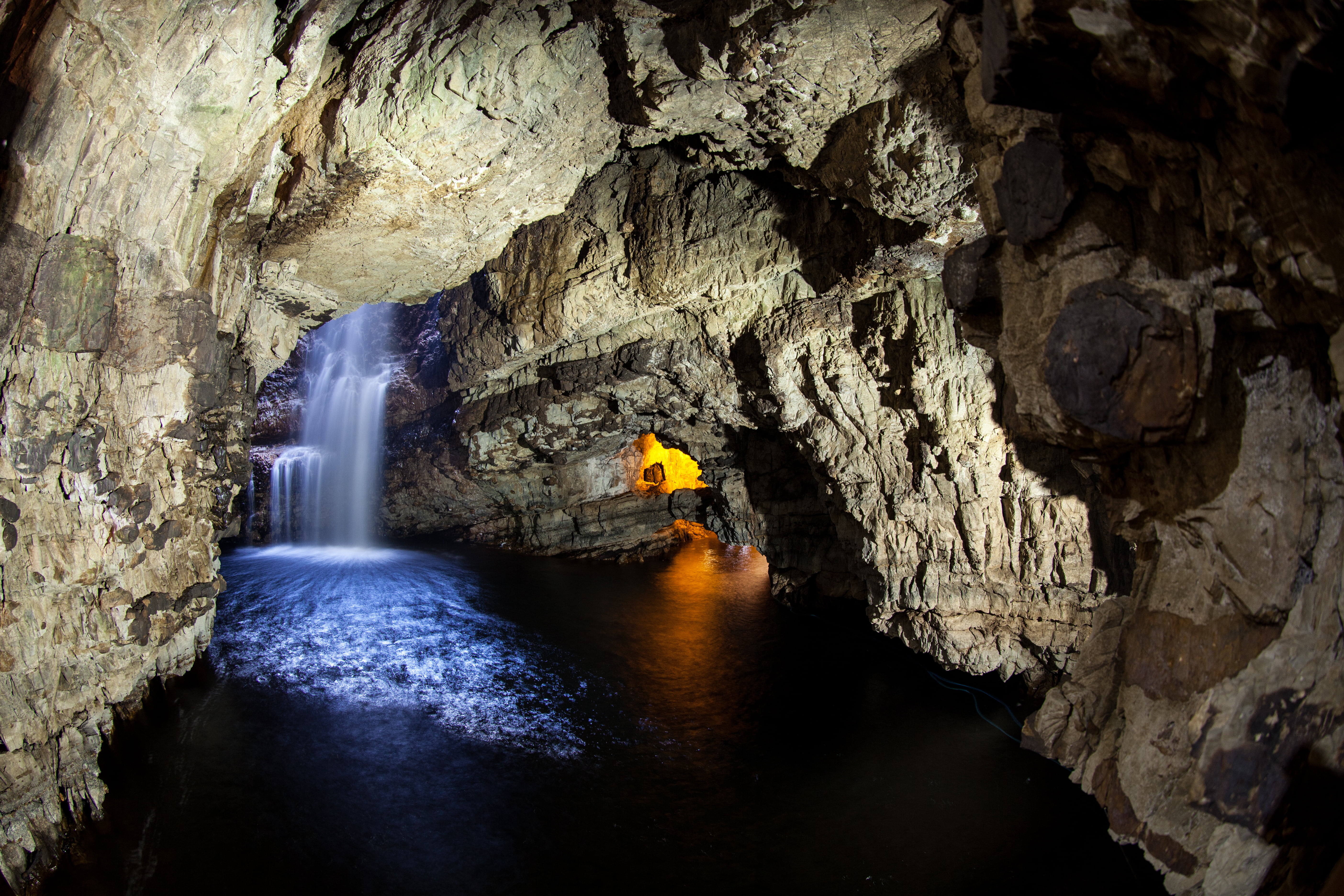 tour, caves, Smoo Cave, waterfall, natural, underwater, photo, visit scotland, cave, great britain, Hotel, uk, landscape, countrywide, long exposure photography, HD Wallpaper