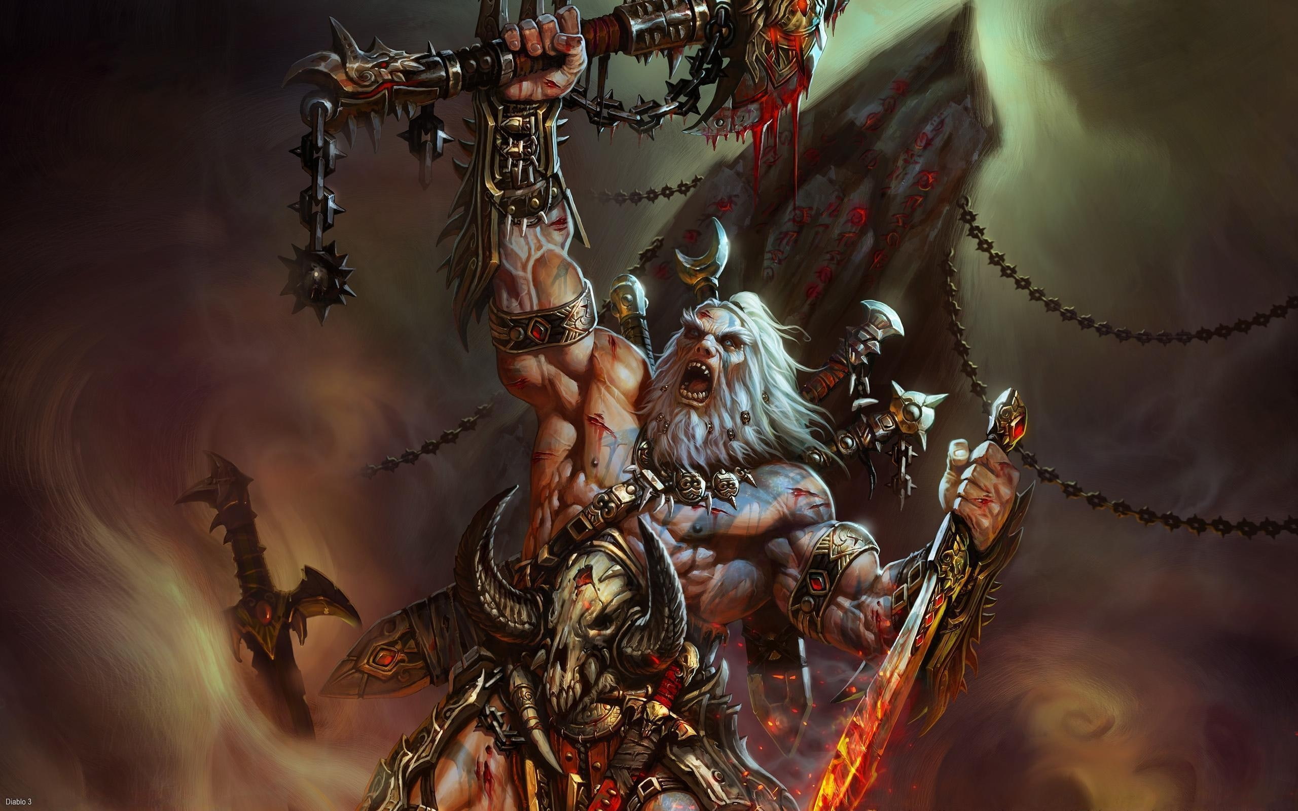 hd, barbarian, warriors, art, games, swords, artwork, abstract, armor, iii, Video Games, video, weapons, fantasy, chains, 2K, blood, diablo, axe, HD Wallpaper