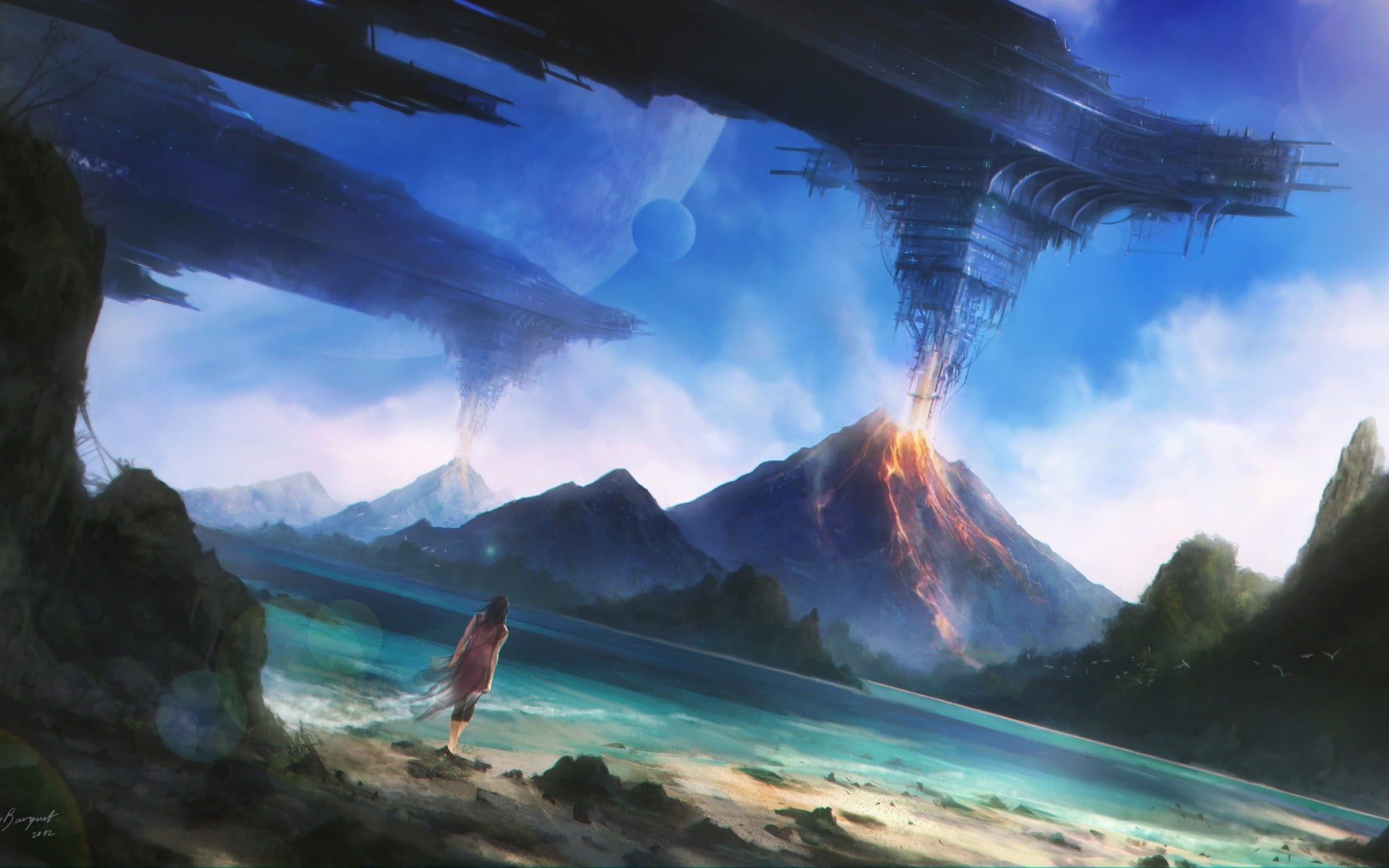 1080P, lifestyles, real people, water, men, leisure activity, outdoors, fantasy art, artwork, volcano, standing, near, painting, day, cloud - sky, sea, HD Wallpaper