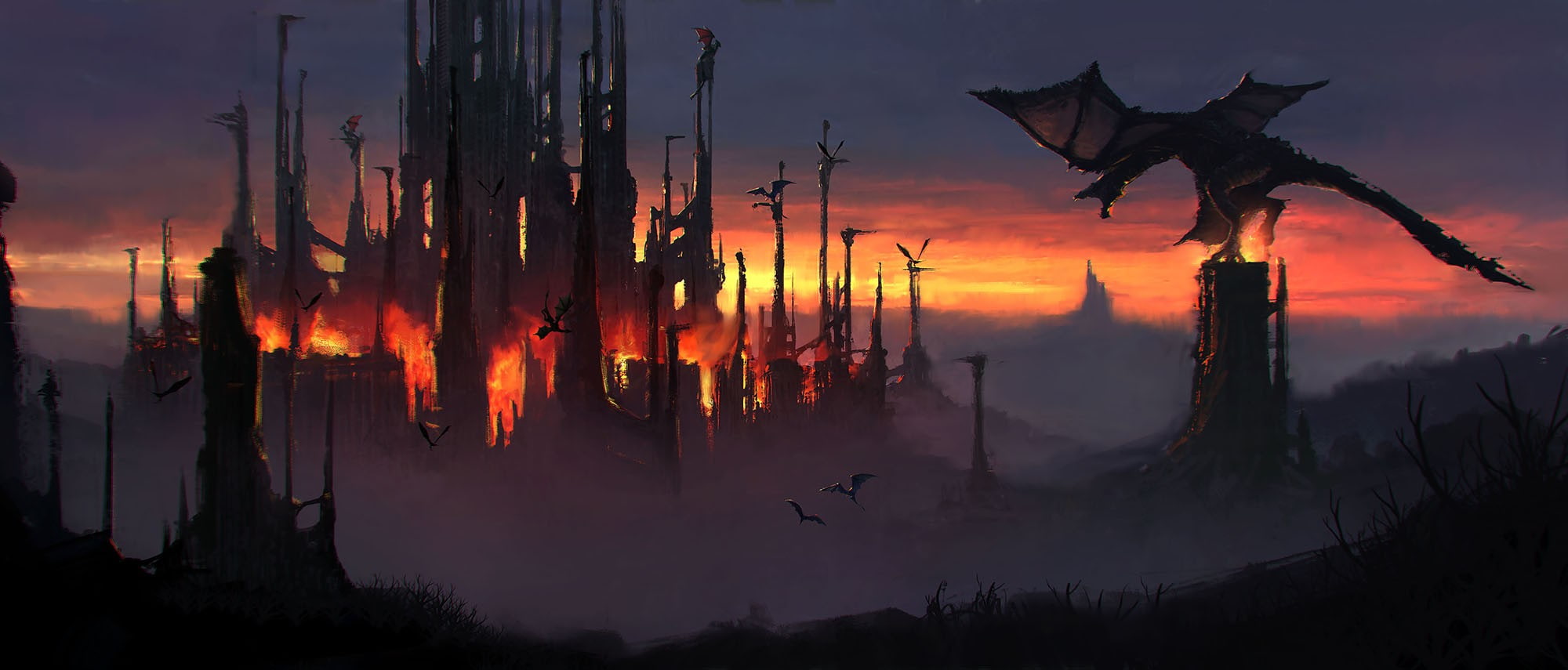 fire, artwork, dragon, apocalyptic, dark fantasy, 1080P, fantasy art, fantasy city, HD Wallpaper