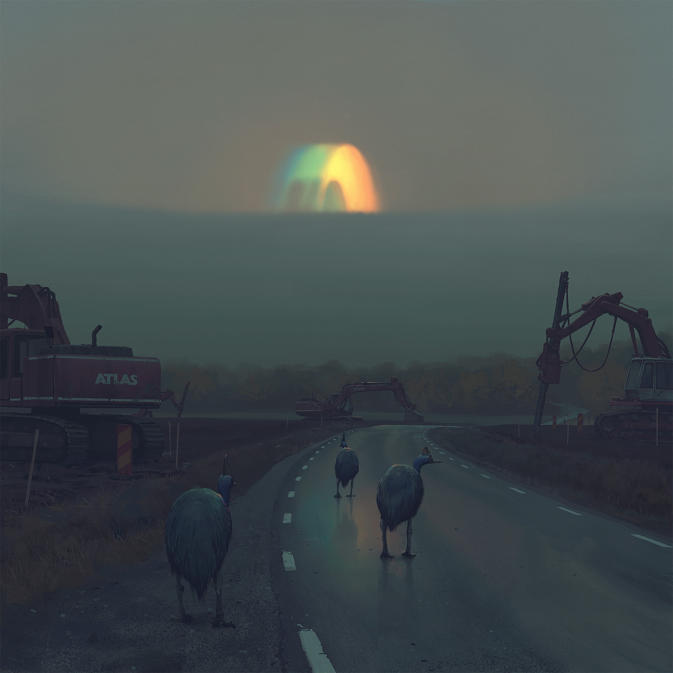vehicle, road, Simon Stålenhag, digital art, birds, futuristic, artwork, 1080P, Phone HD Wallpaper