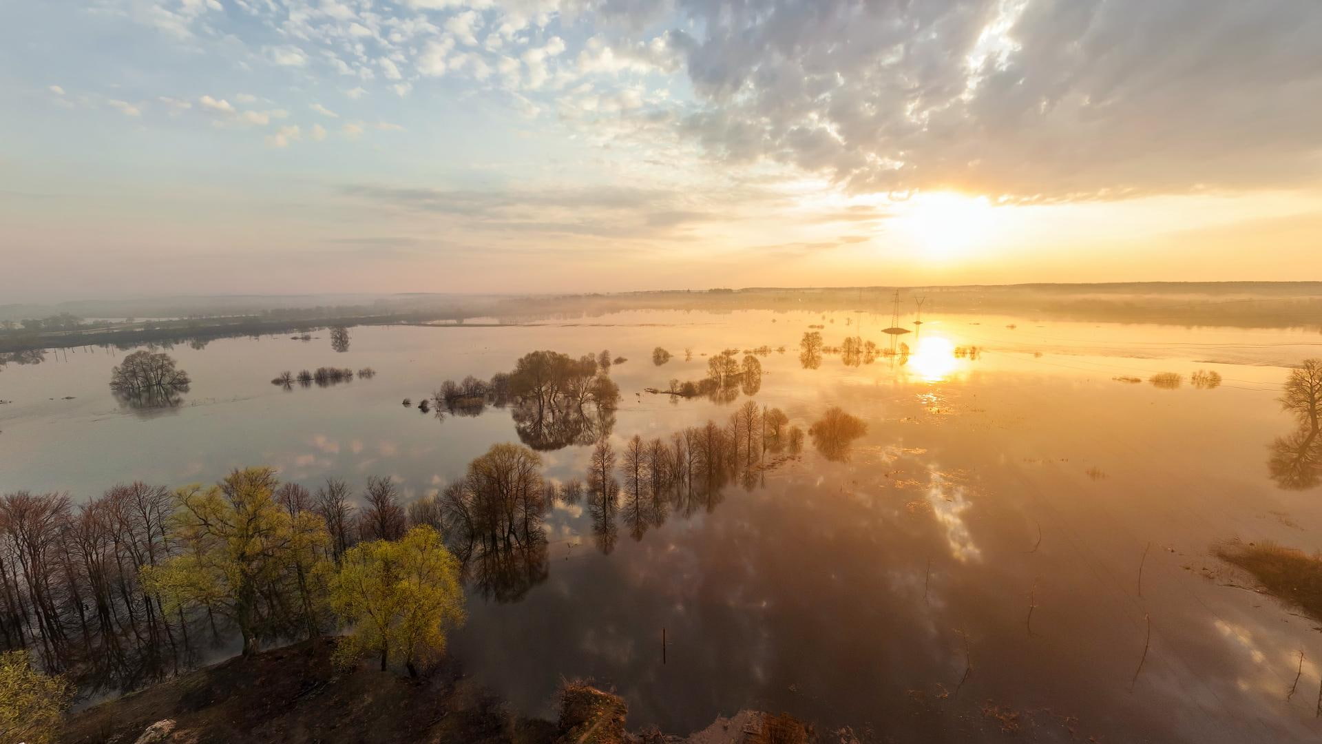 electric poles, trees, lscape, flooded, flood, nature and landscapes, 1080P, clouds, sunset, HD Wallpaper