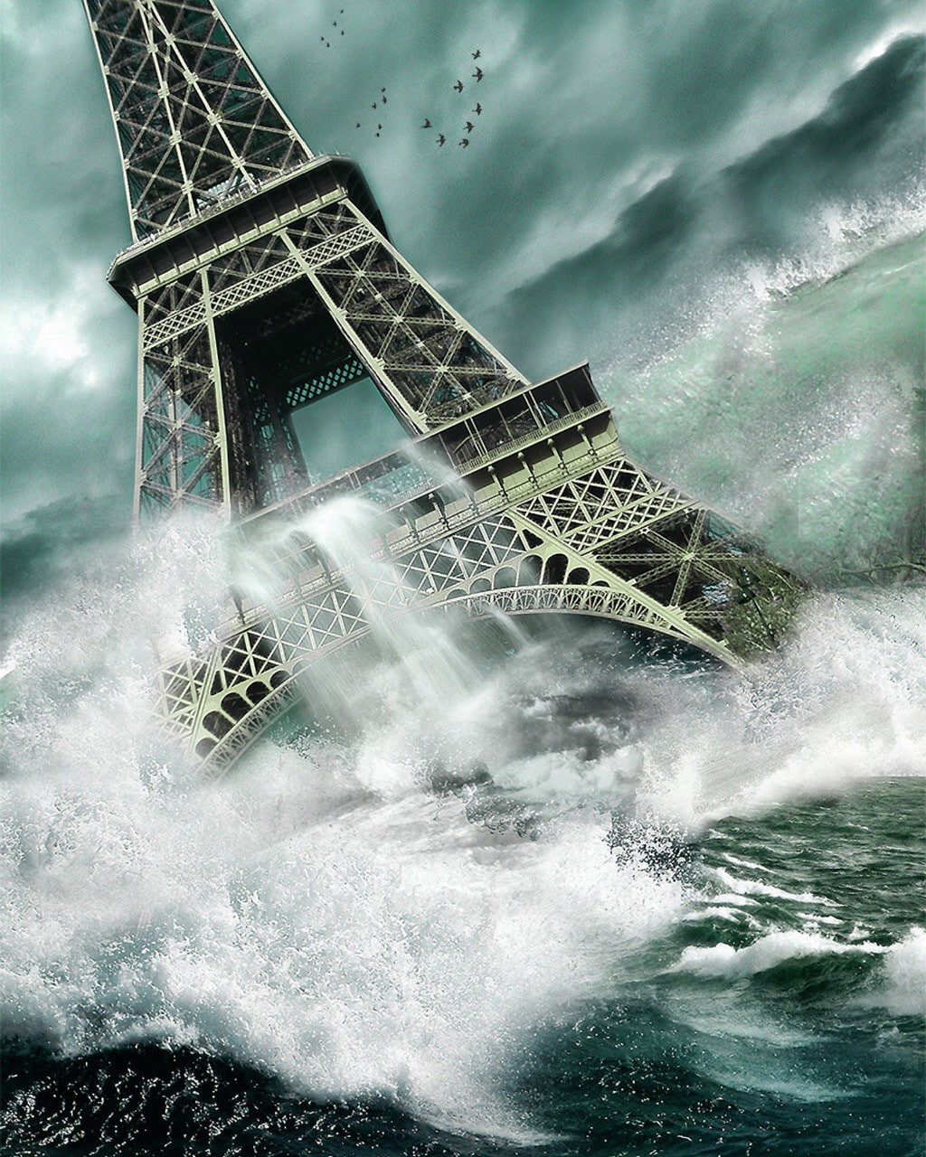 power, sky, storm, digital composite, apocalyptic, beauty in nature, 720P, digital art, sea, Eiffel Tower, aquatic sport, motion, architecture, surfing, Phone HD Wallpaper