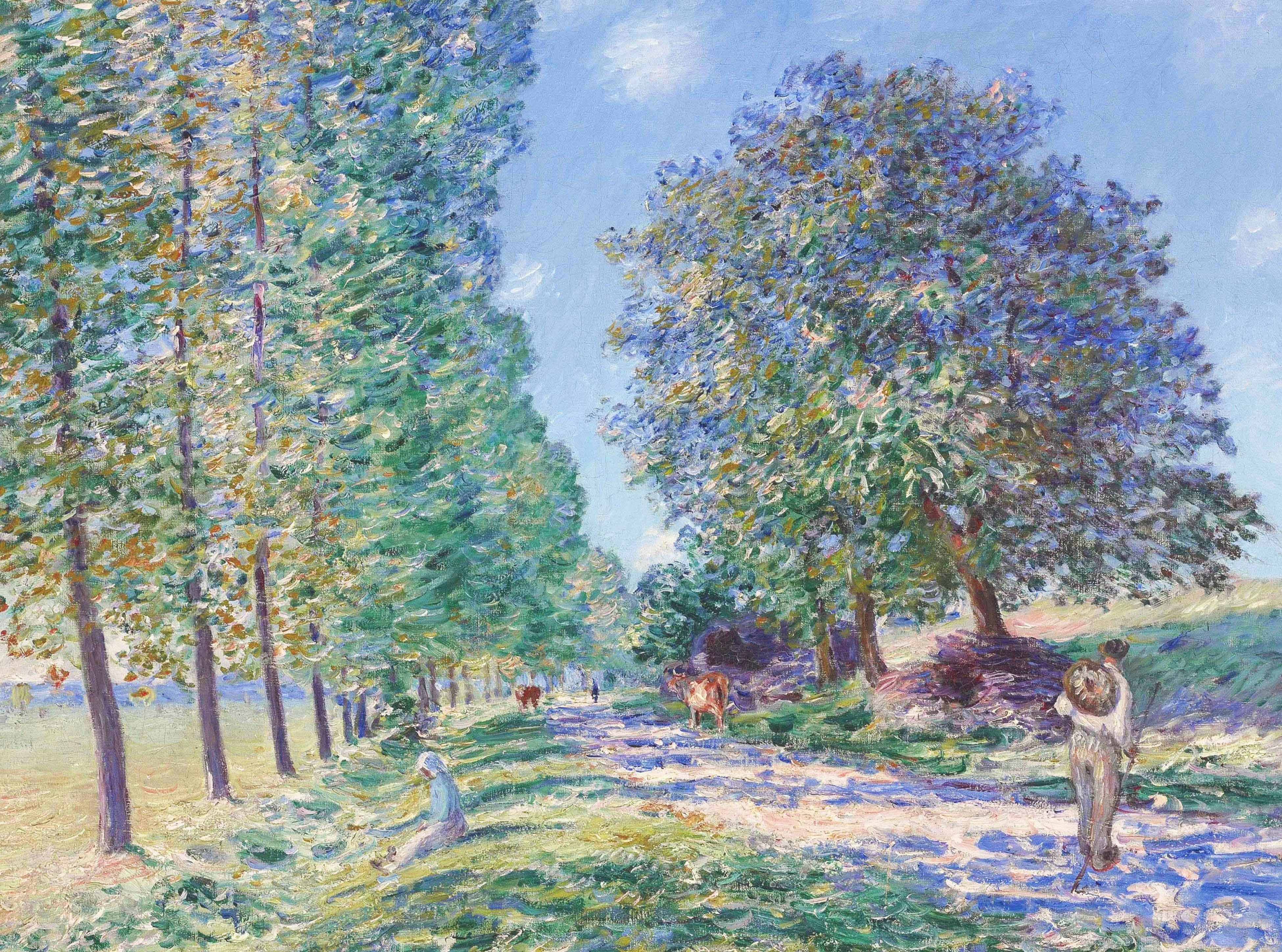 4K, A row of Poplars on the banks of the Luena, Alfred Sisley, landscape, picture, HD Wallpaper