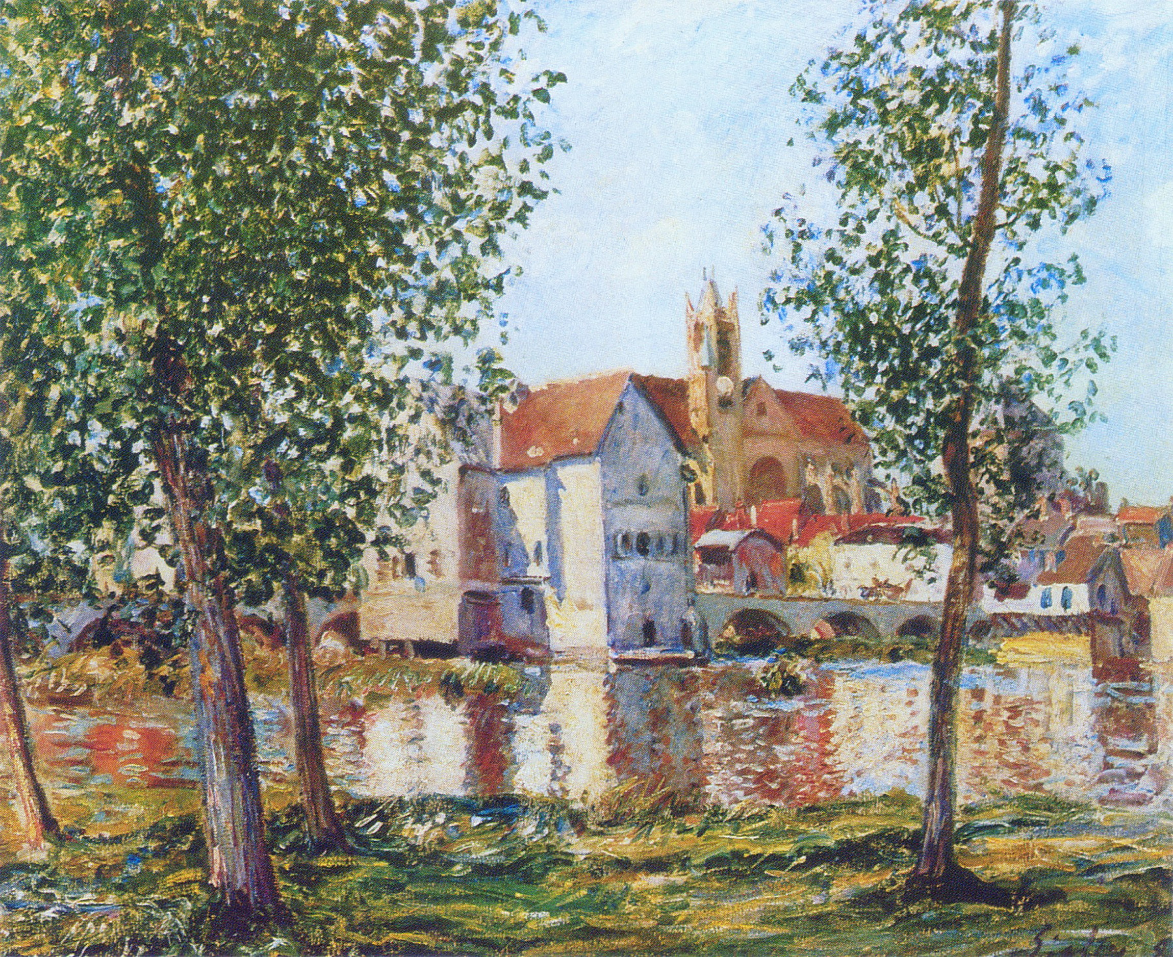 Alfred Sisley, bridge, the city, picture, day, the sky, 1080P, river, home, HD Wallpaper