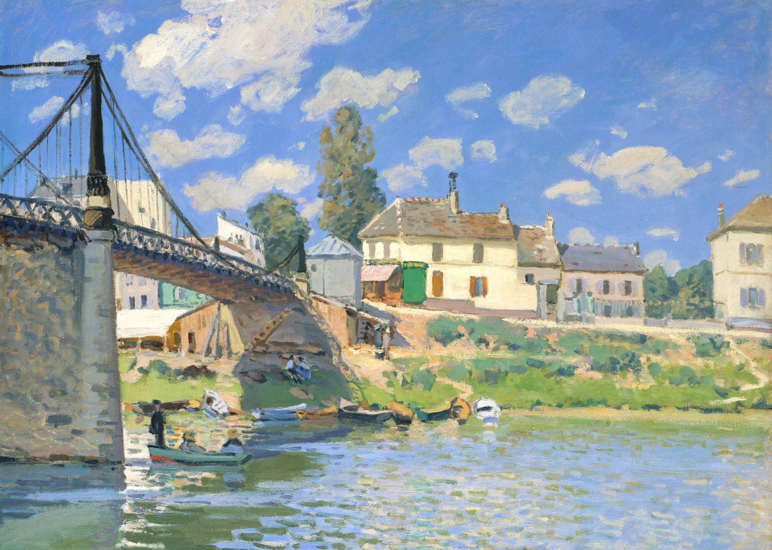 picture, Alfred Sisley, The bridge at Villeneuve-La-Garenne, river, 2K, boats, home, landscape, HD Wallpaper
