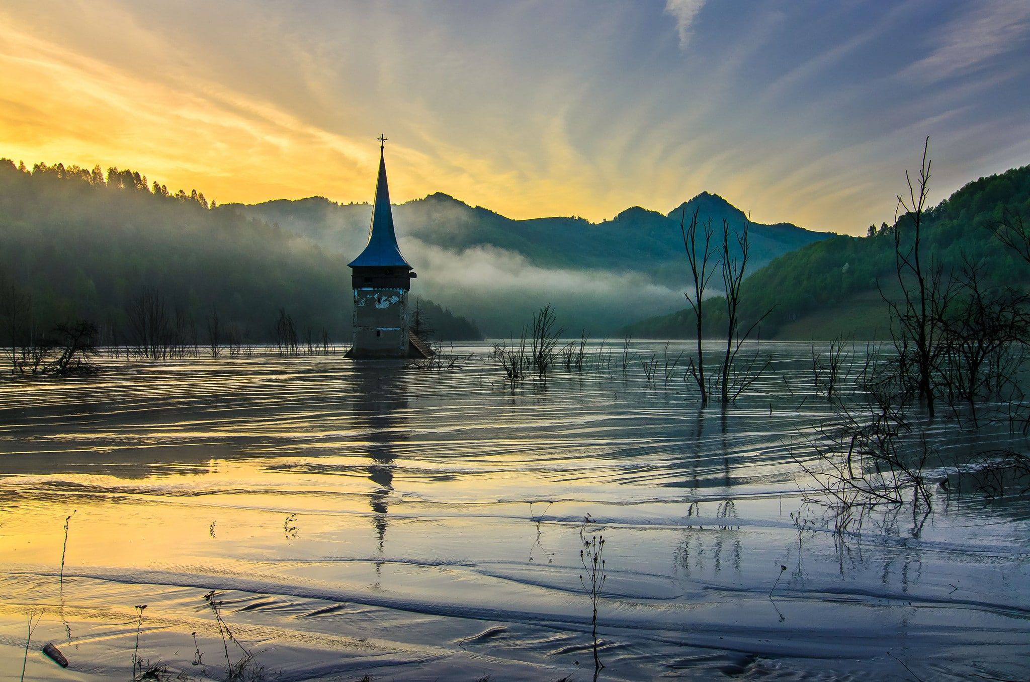 church, mountains, flooded, nissin, 1080P, spring, dawn, morning, fog, nisin, HD Wallpaper