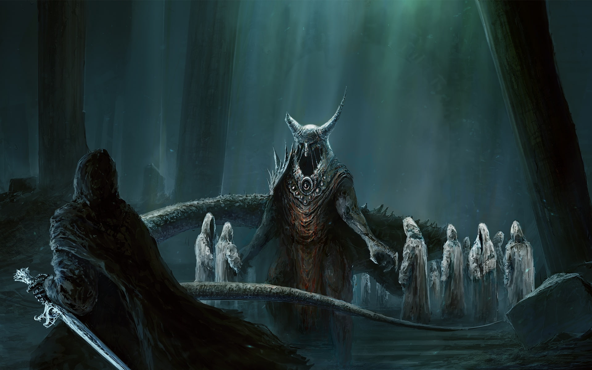 horns, Sci-fi, demons, ChrisCold, sword, undead, Digital Art, forest, roots, 1080P, HD Wallpaper