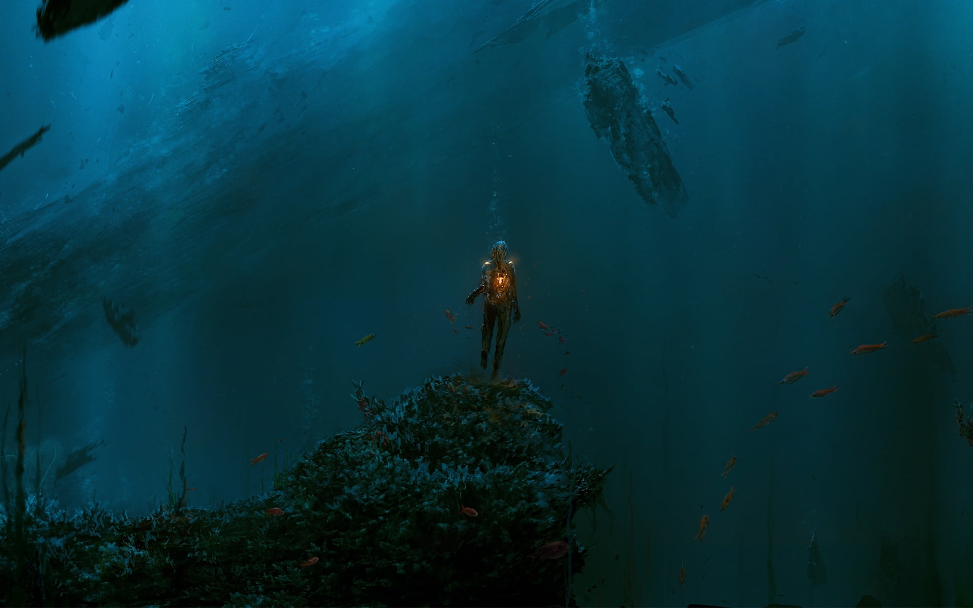 people, ChrisCold, fire, 1080P, depth, Water, fish, HD Wallpaper