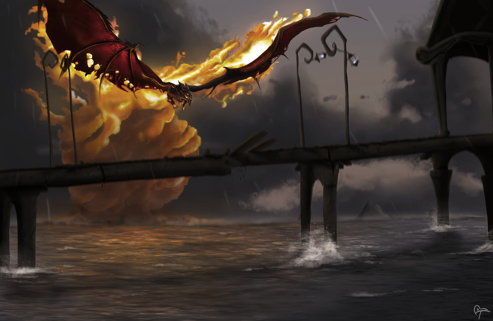 Hellfire, 1080P, river, fantasy, fire, the situation, bridge, dragon, manon bargier, art, HD Wallpaper