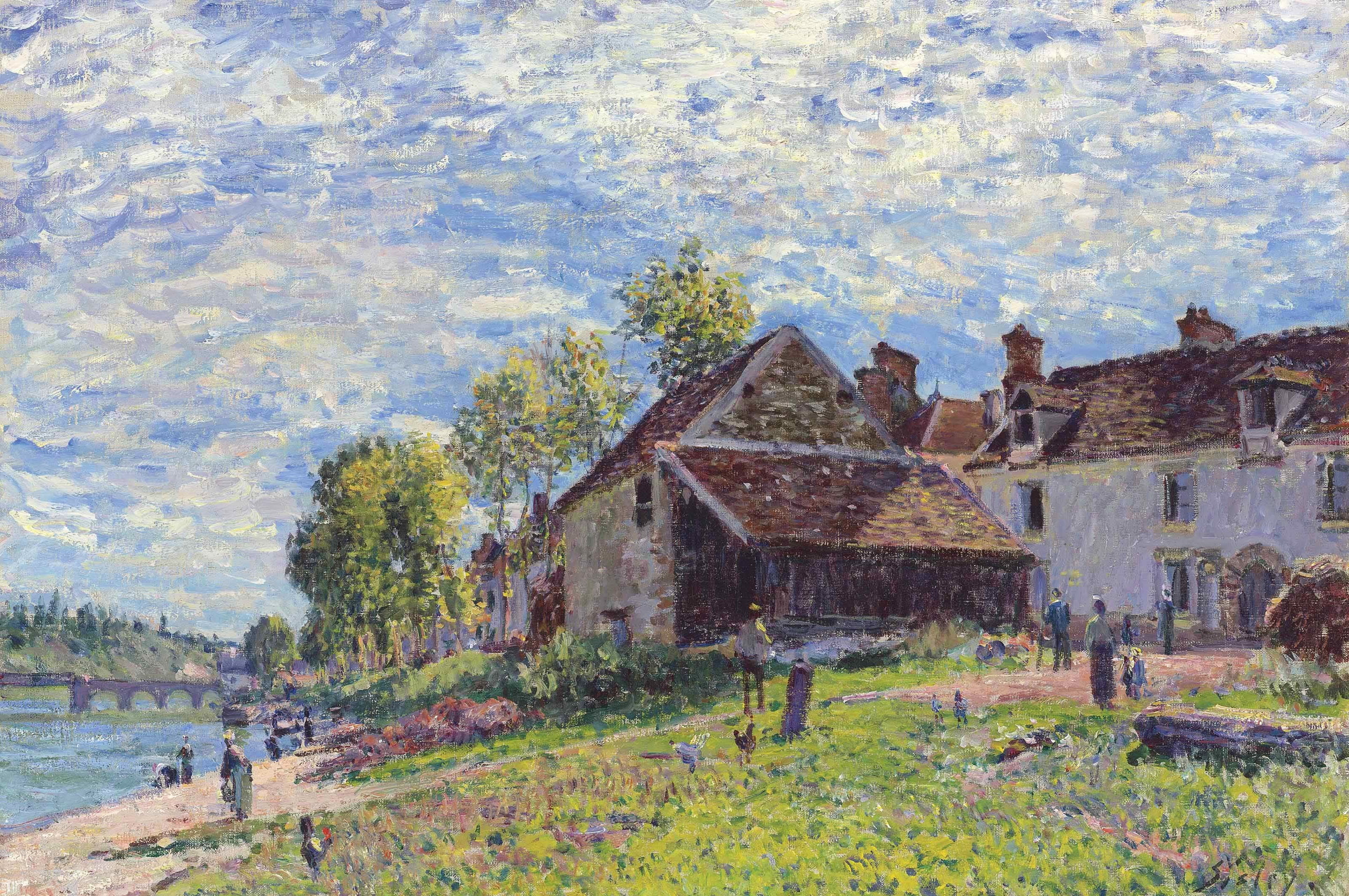 people, home, clouds, 2K, landscape, Alfred Sisley, picture, the sky, bridge, river, HD Wallpaper