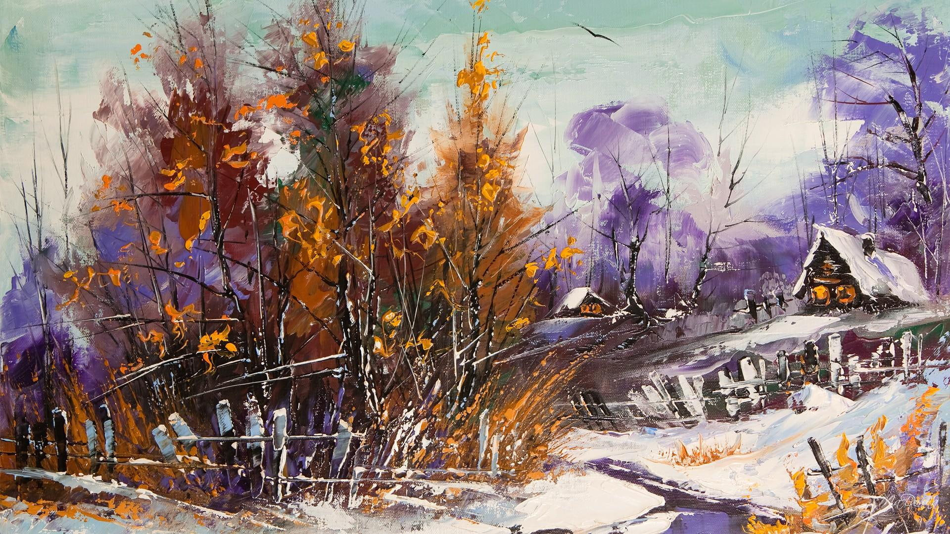 yellow, country, 1080P, bird, 3d and abstract, fence, snow, trees, mountains, winter, painting, purple, firefox persona, cabin, HD Wallpaper