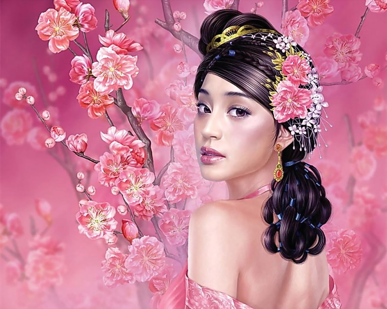 oriental, 720P, cherry, girl, pink, HD Wallpaper