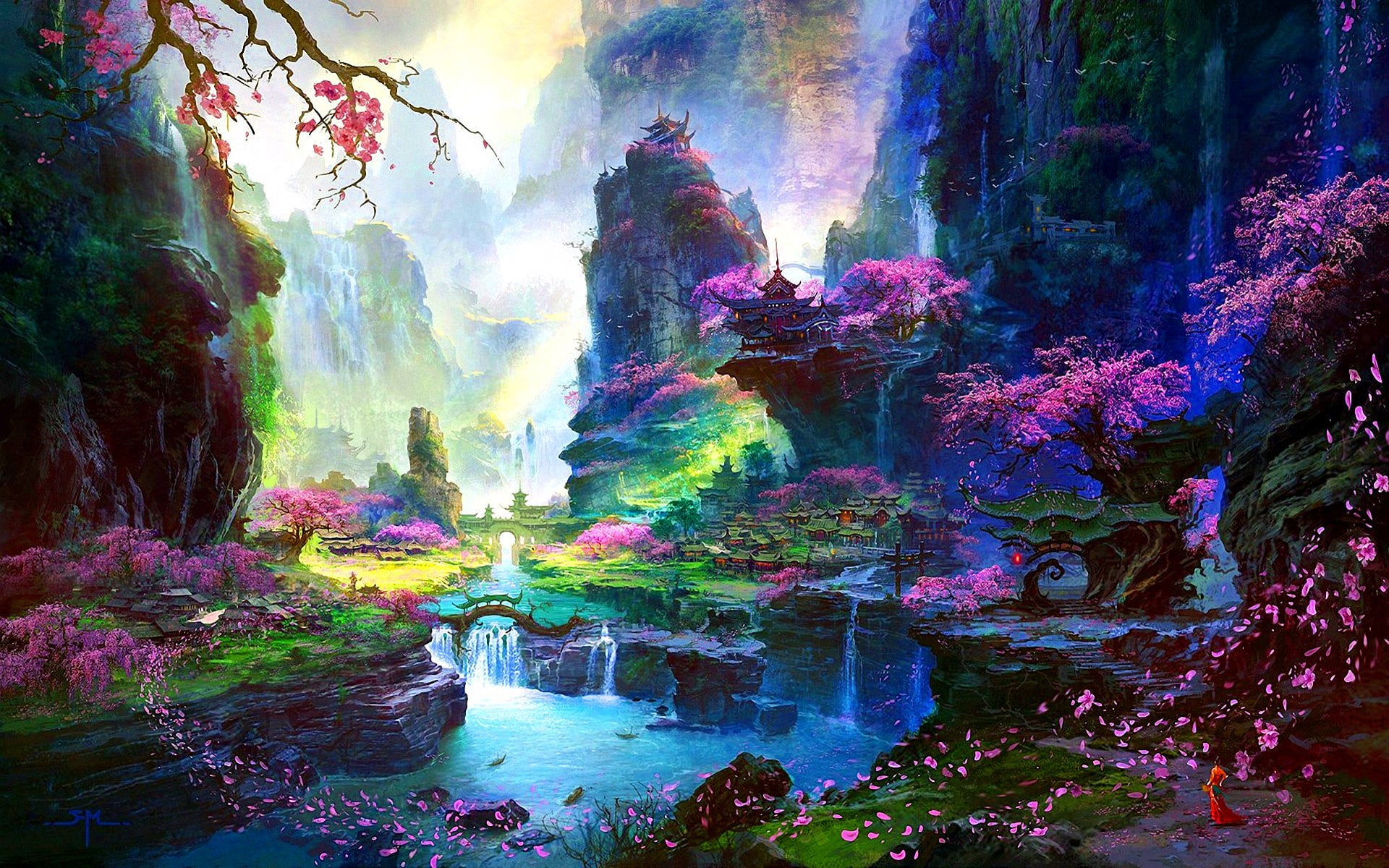 architecture, water, scenics - nature, plant, Oriental, 1080P, waterfall, outdoors, rock - object, Landscape, Fantasy, pink, long exposure, flowing water, HD Wallpaper
