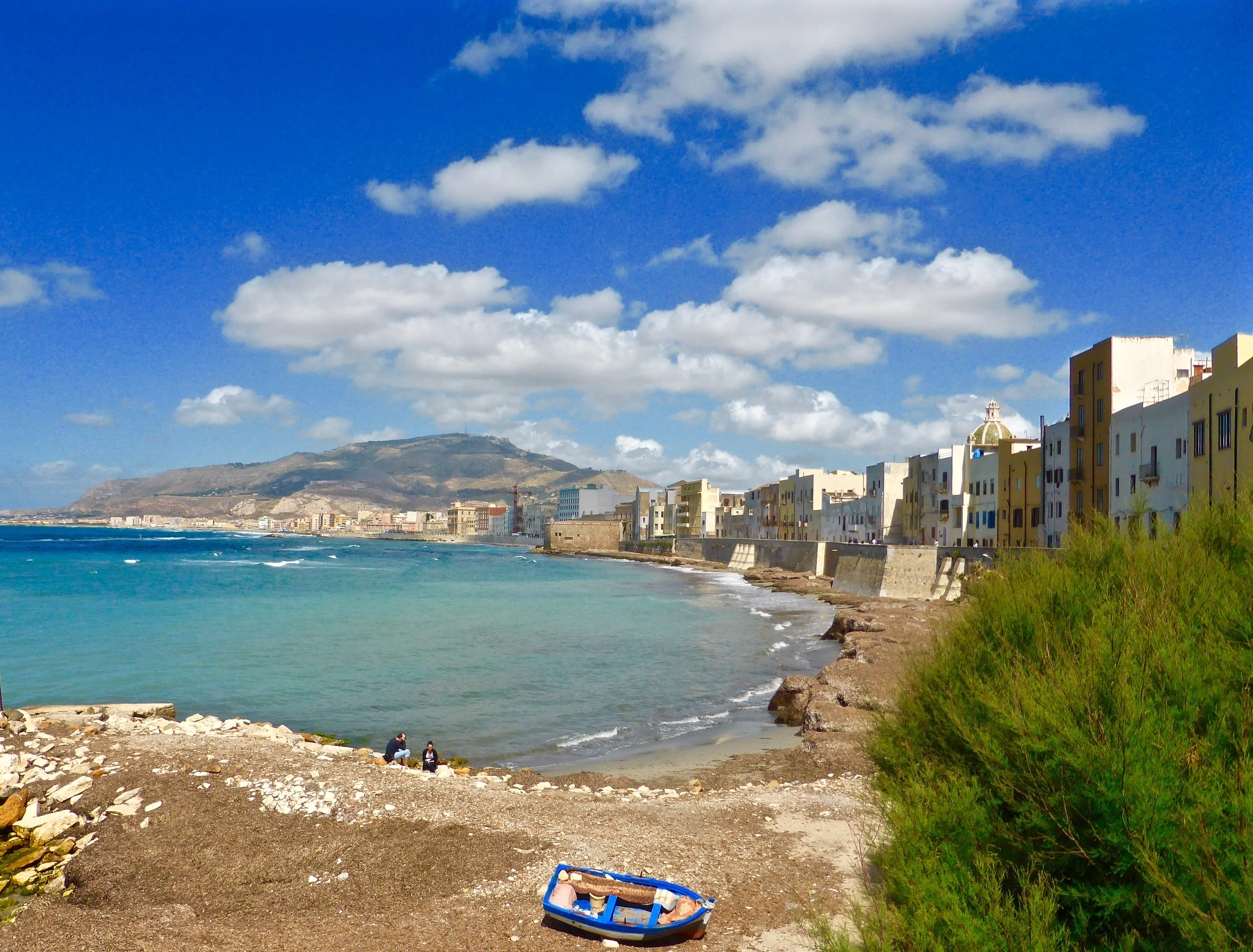 Sicily, seascape, shore, 4K, outdoors, built structure, coast, sunlight, city, building exterior, Bay, nature, italy, blue, building, mediterranean, beauty in nature, HD Wallpaper