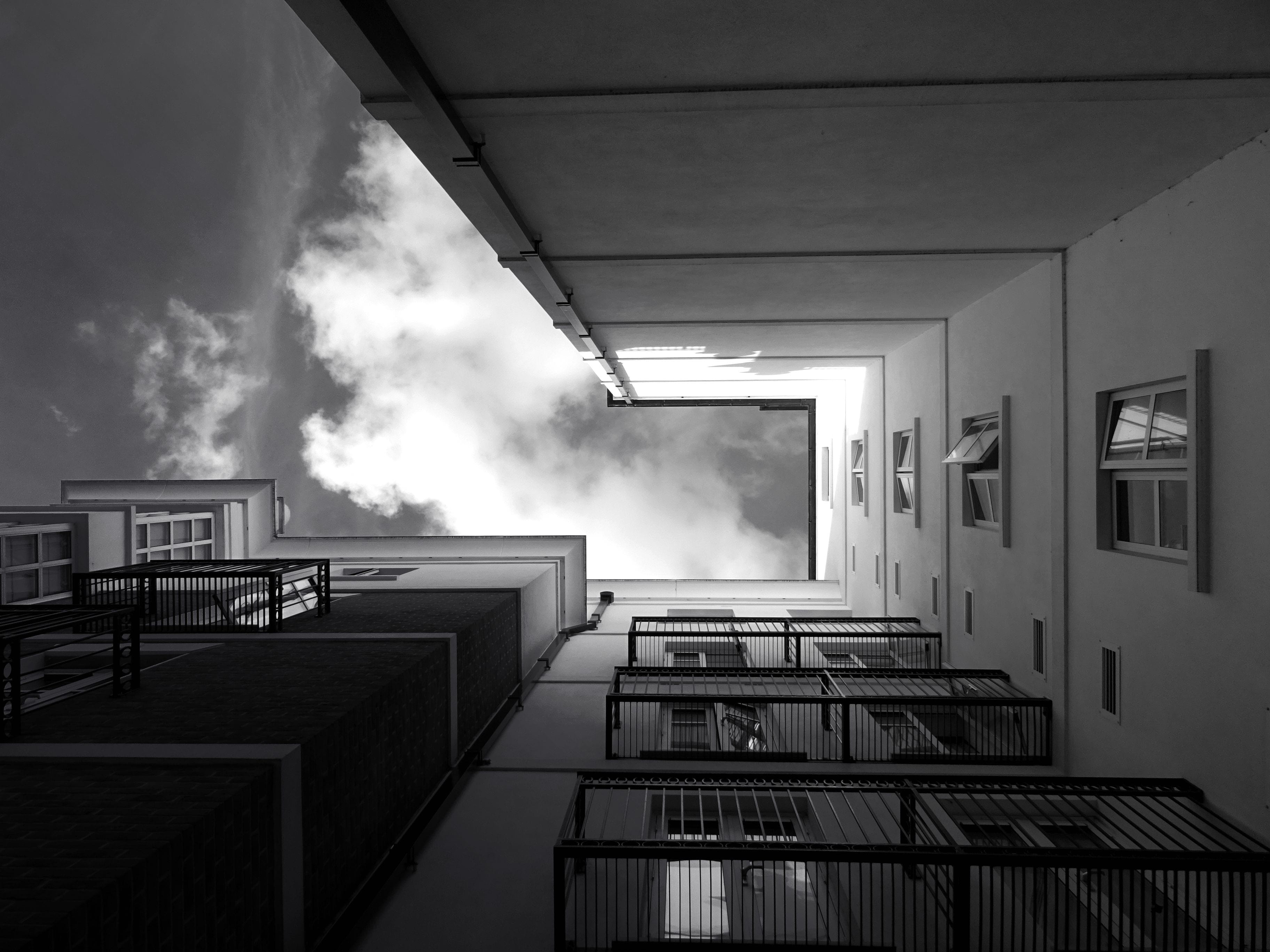 no people, light, city, staircase, railing, low angle shot, rear view, contemporary, steps and staircases, exterior, building, accidents and disasters, HD Wallpaper