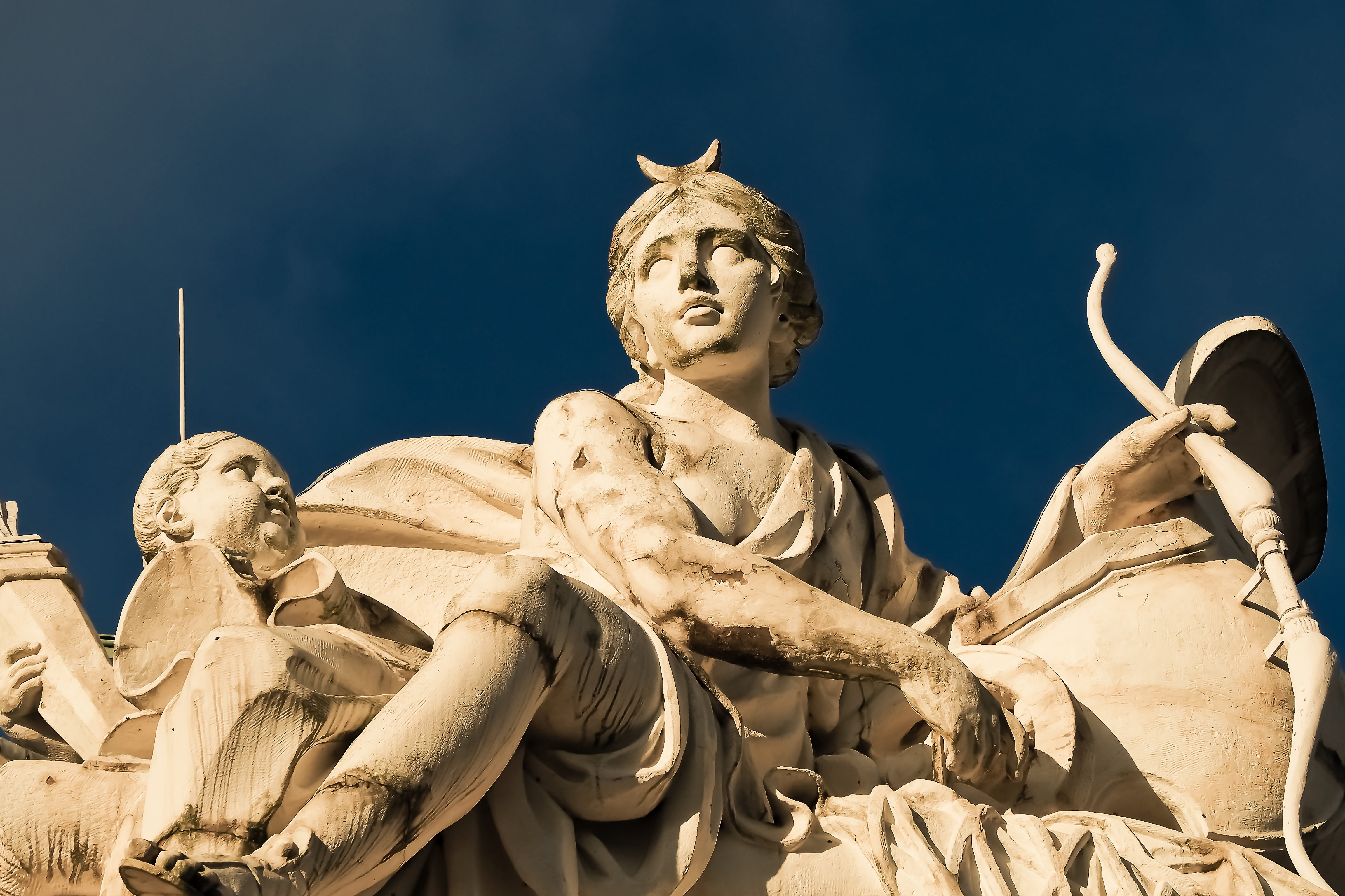 low angle view, woman, representation, historically, relief, day, baroque, angel, düsseldorf, human representation, stone sculpture, 4K, art and craft, HD Wallpaper