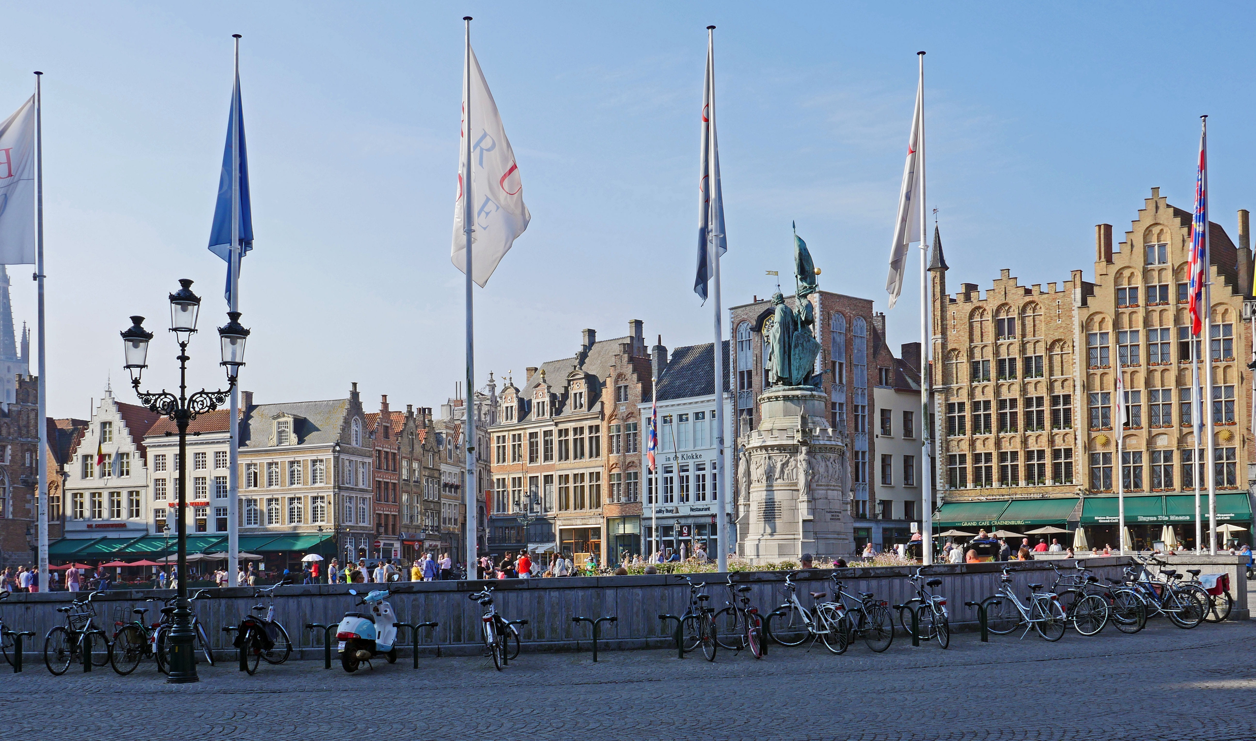 centrum, gabled houses, tower, group of people, outdoors, flags, patriotism, bruges, travel destinations, built structure, nature, sky, stadtmitte, belgium, HD Wallpaper