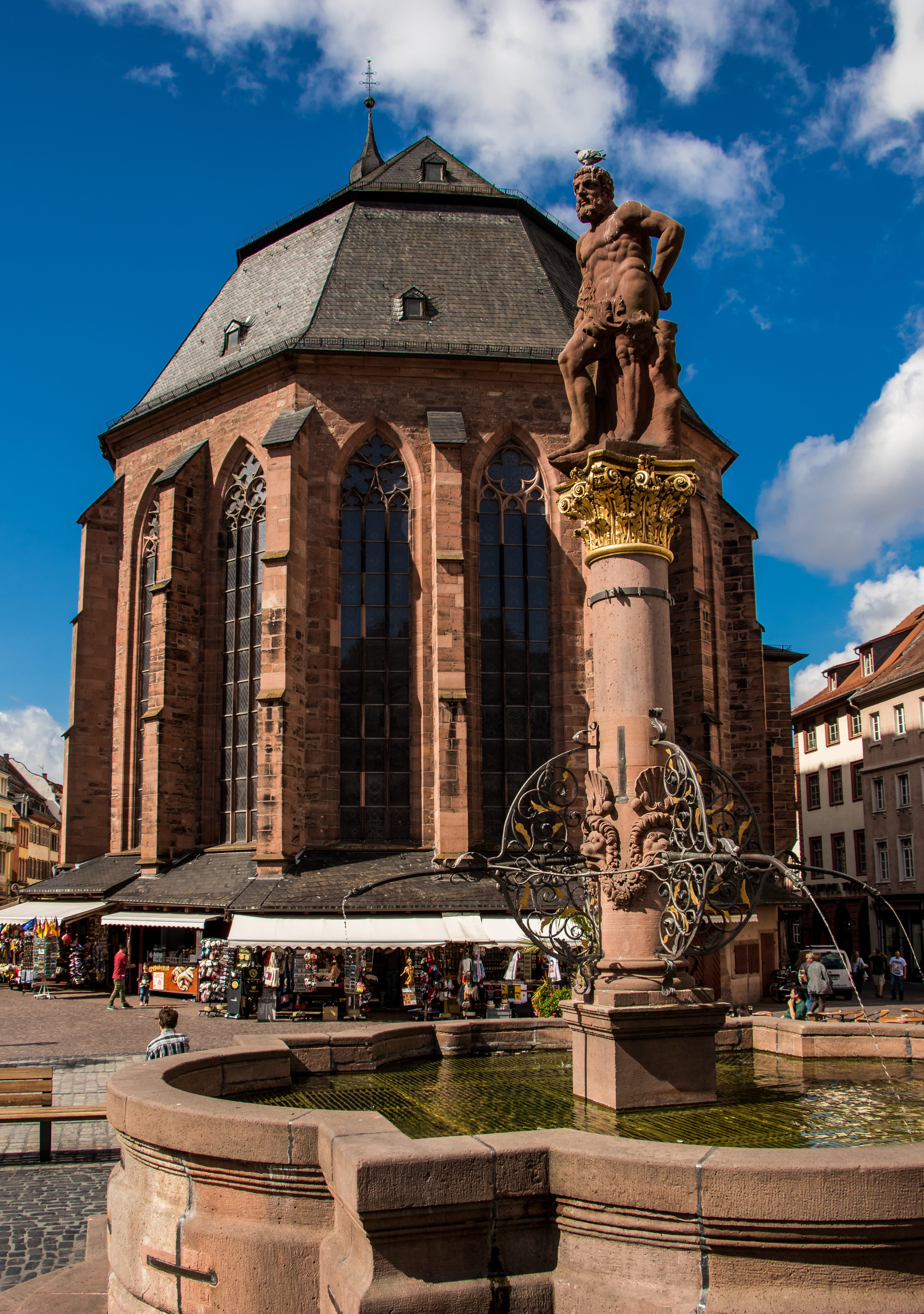 religion, 5K, medieval market square, incidental people, architecture, heidelberg, marketplace, sculpture, old town, historically, the past, cloud - sky, Phone HD Wallpaper