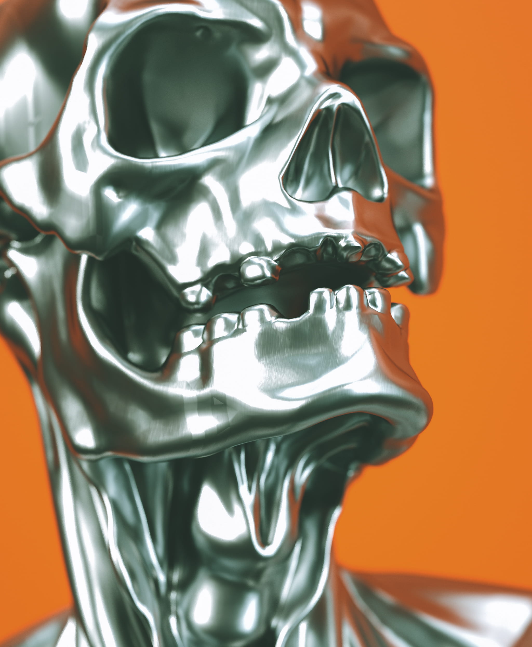 silver colored, female likeness, melting, craft, representation, metal, horror, silver, studio shot, skull, no people, close-up, skeleton, single object, Phone HD Wallpaper