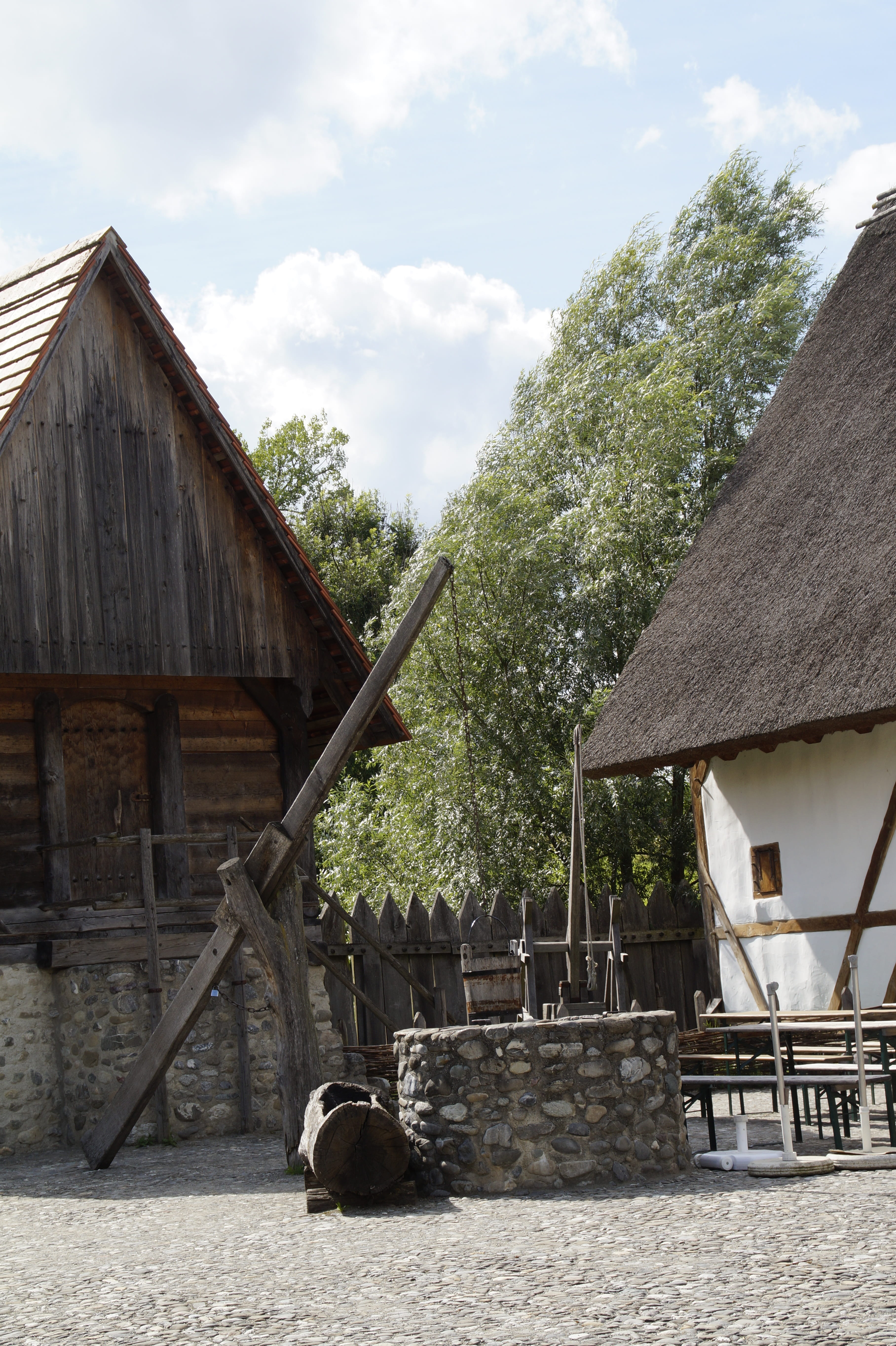 house, courtyard, architecture, cloud - sky, middle ages, building, animal, hut, tree, water, bach ritterburg, sky, day, reconstructed, medieval, cottage, Phone HD Wallpaper