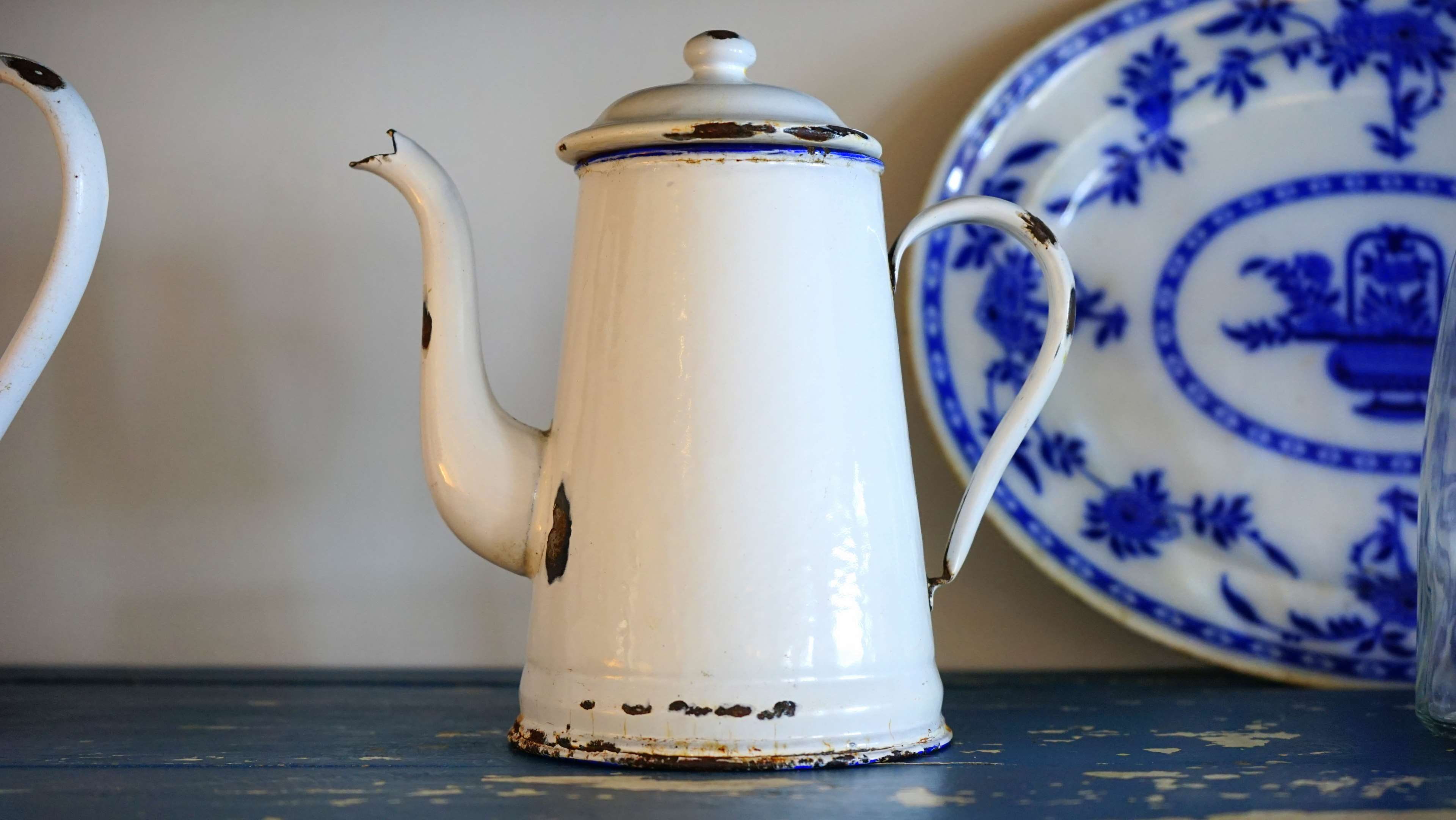 no people, craft, hot, design, white color, art and craft, blue, metal, close-up, style, kettle, porcelain, crockery, still life, kitchen, steel, traditional, HD Wallpaper