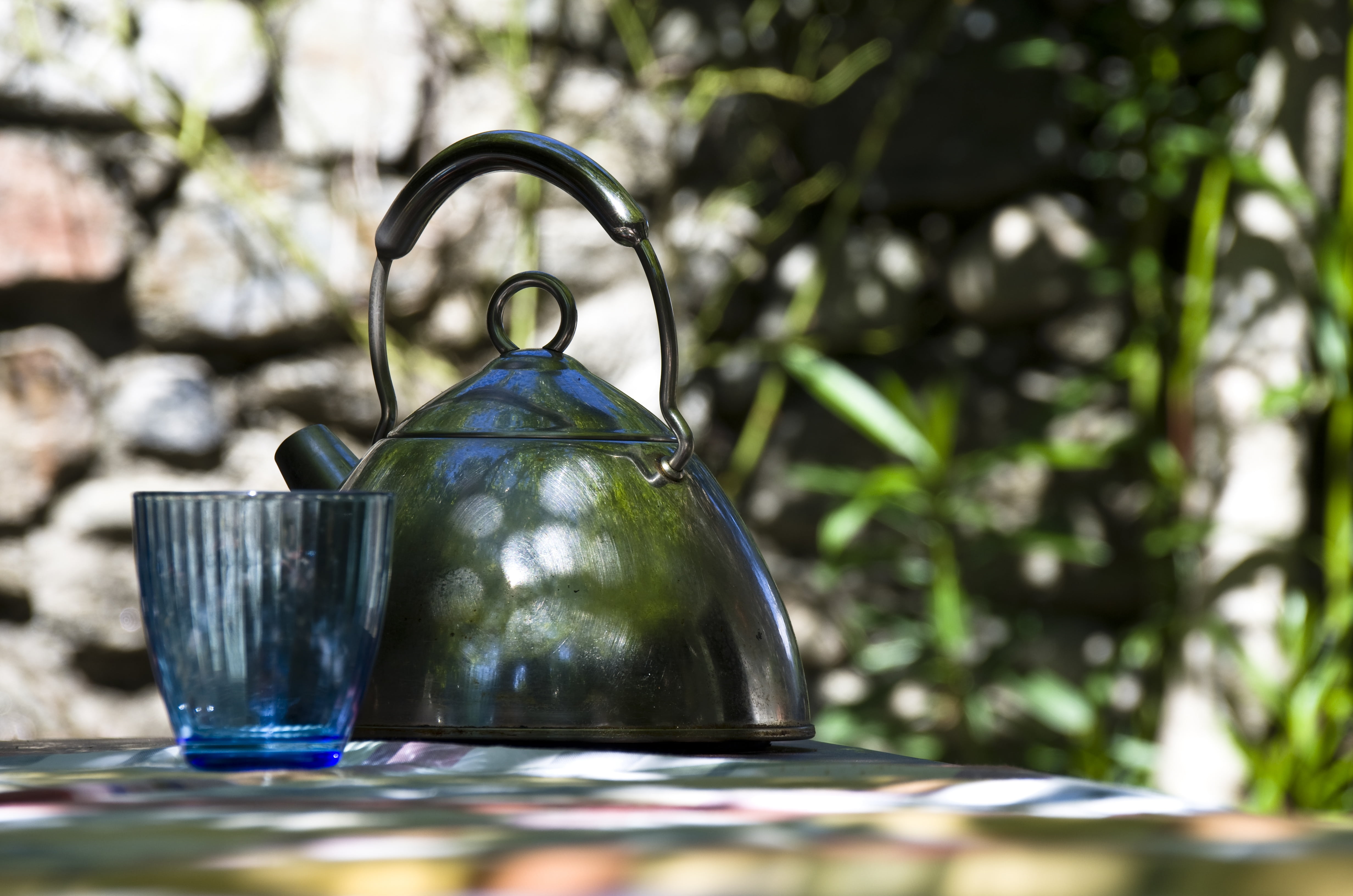 still life, outdoors, teapot, sunlight, silver colored, stainless steel, glass - material, kettle, water boiler, terrace, atmospheric, nature, focus on foreground, HD Wallpaper